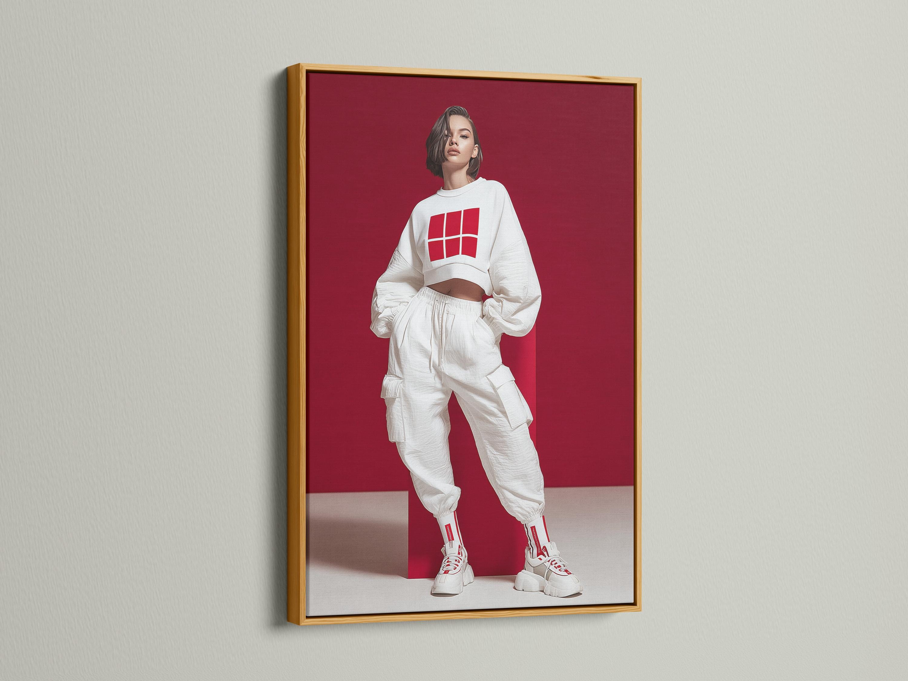 Stylised fashion portrait of a woman in white streetwear with a grid logo on a deep red background detail view