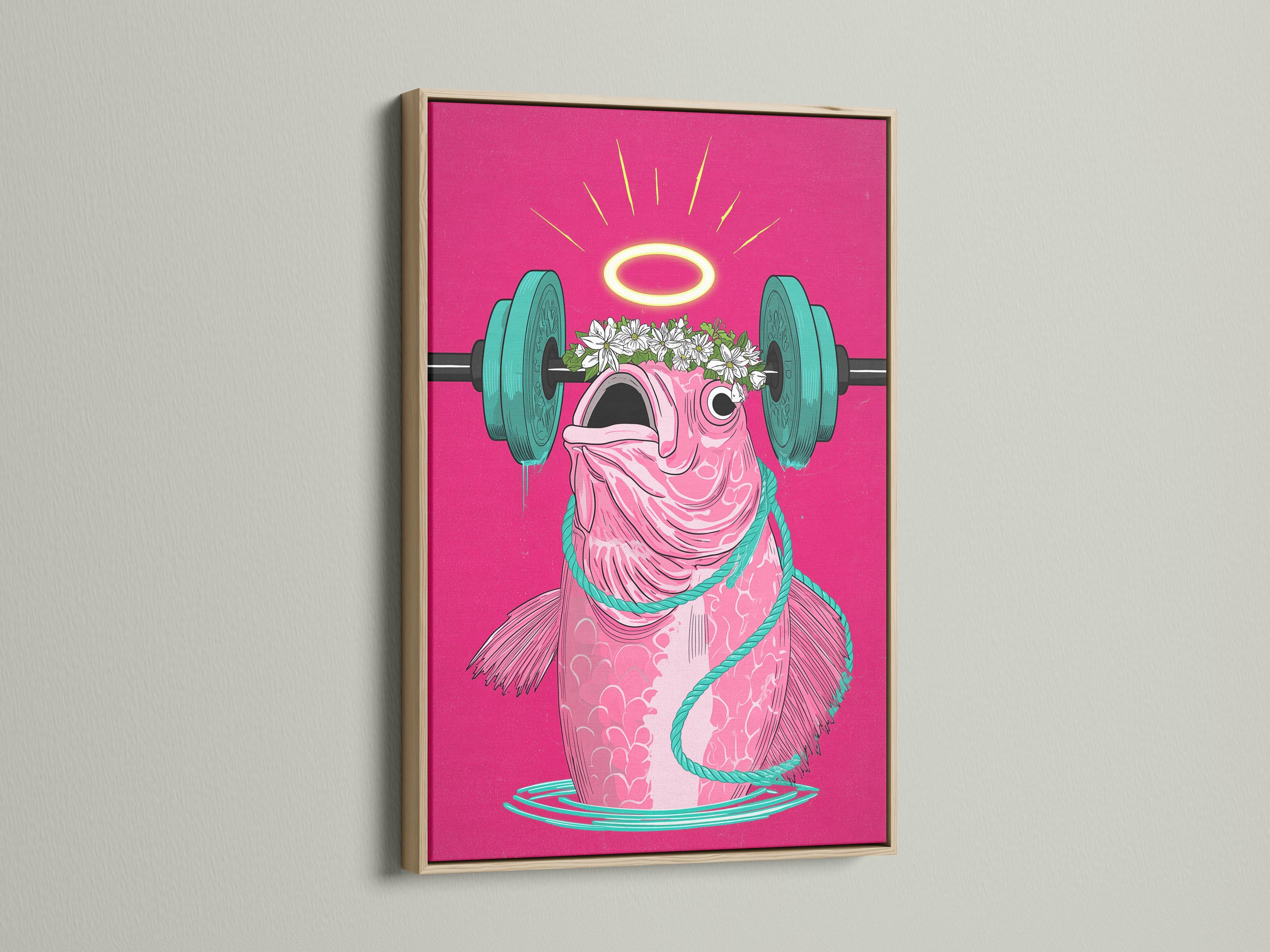 Stylised pink fish lifting a teal barbell with a yellow halo and white flowers detail view