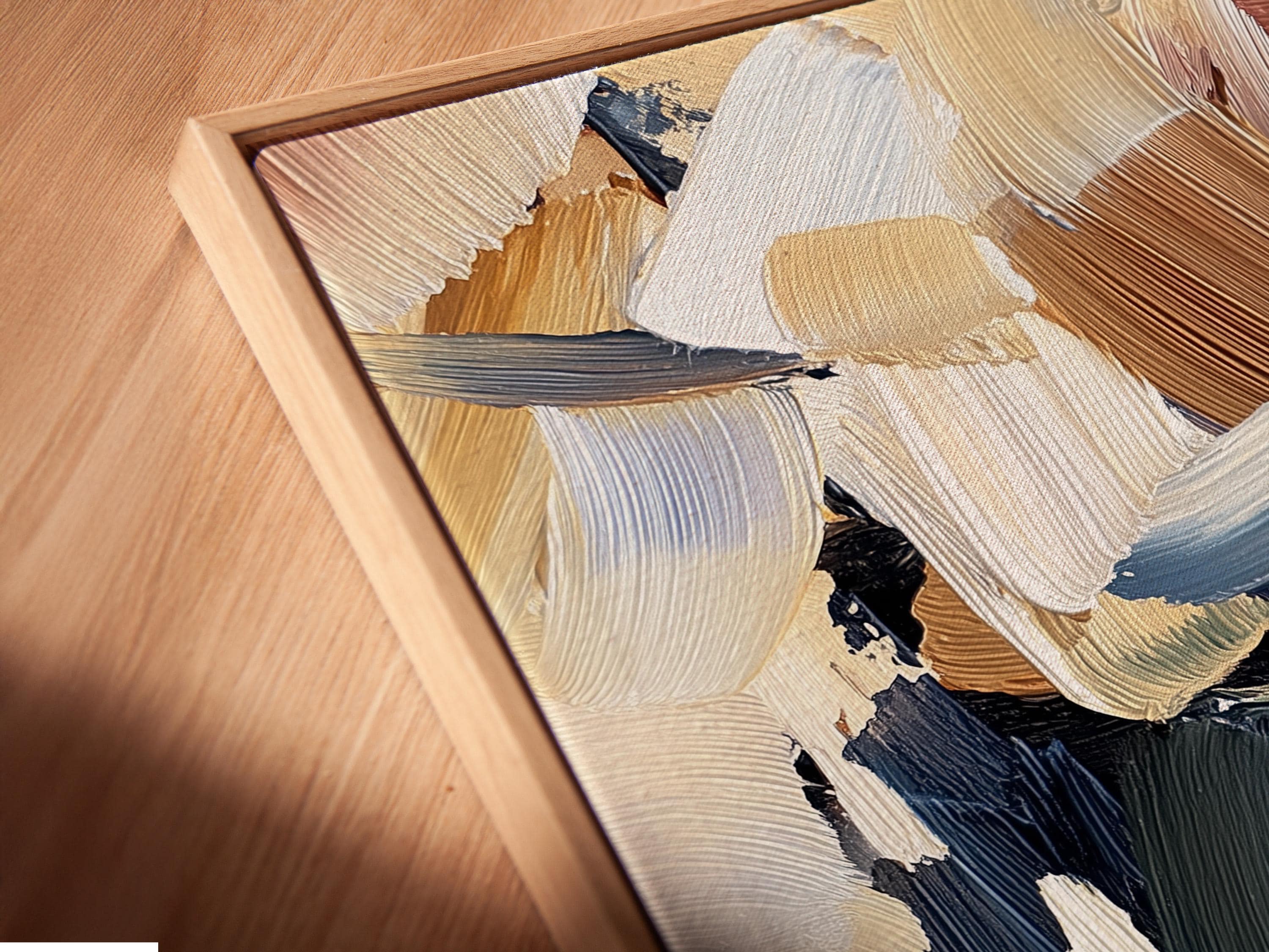 Room mockup showing an abstract beige and blue artwork in a frame with side angle thumbnails