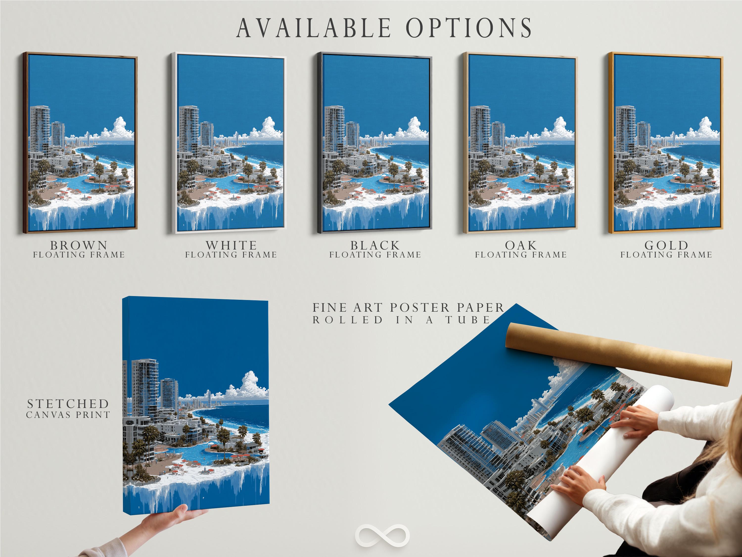 Room mockup showing a framed panoramic coastal cityscape artwork with turquoise ocean and blue sky