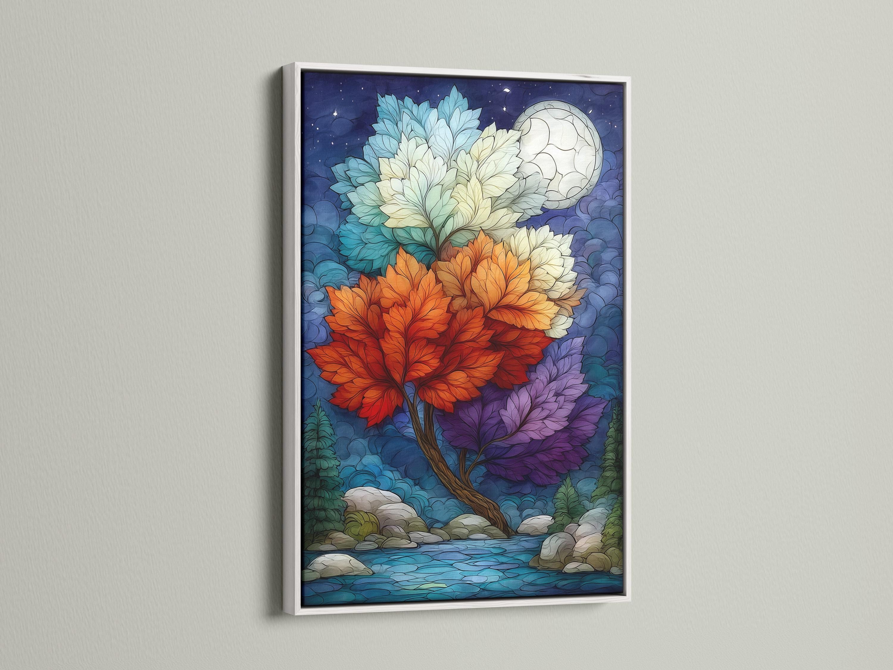 Fantasy tree artwork with colourful leaf clusters and a full moon on a deep blue night sky detail view