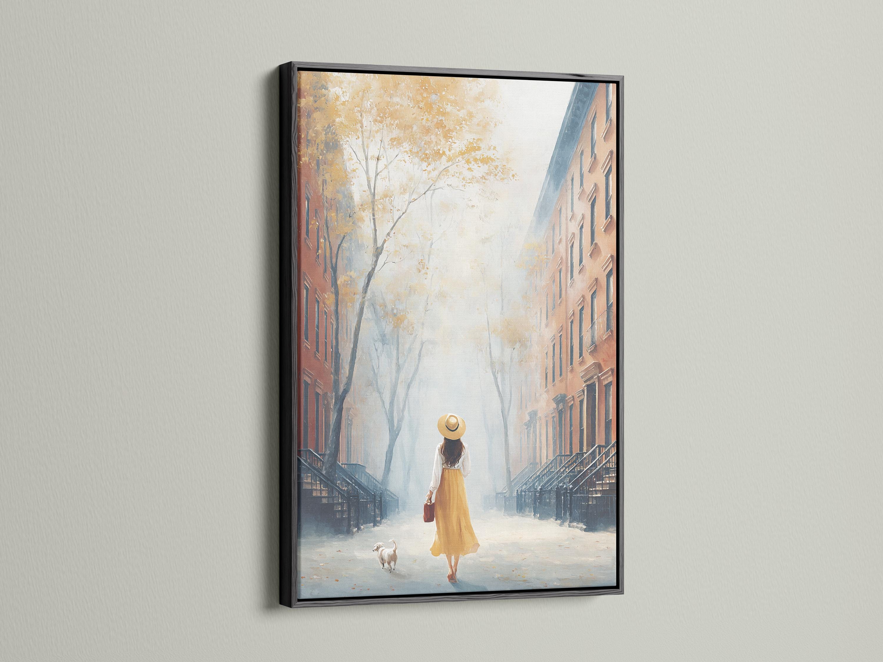 Room mockup showing a framed painterly city street scene with a woman walking a small dog