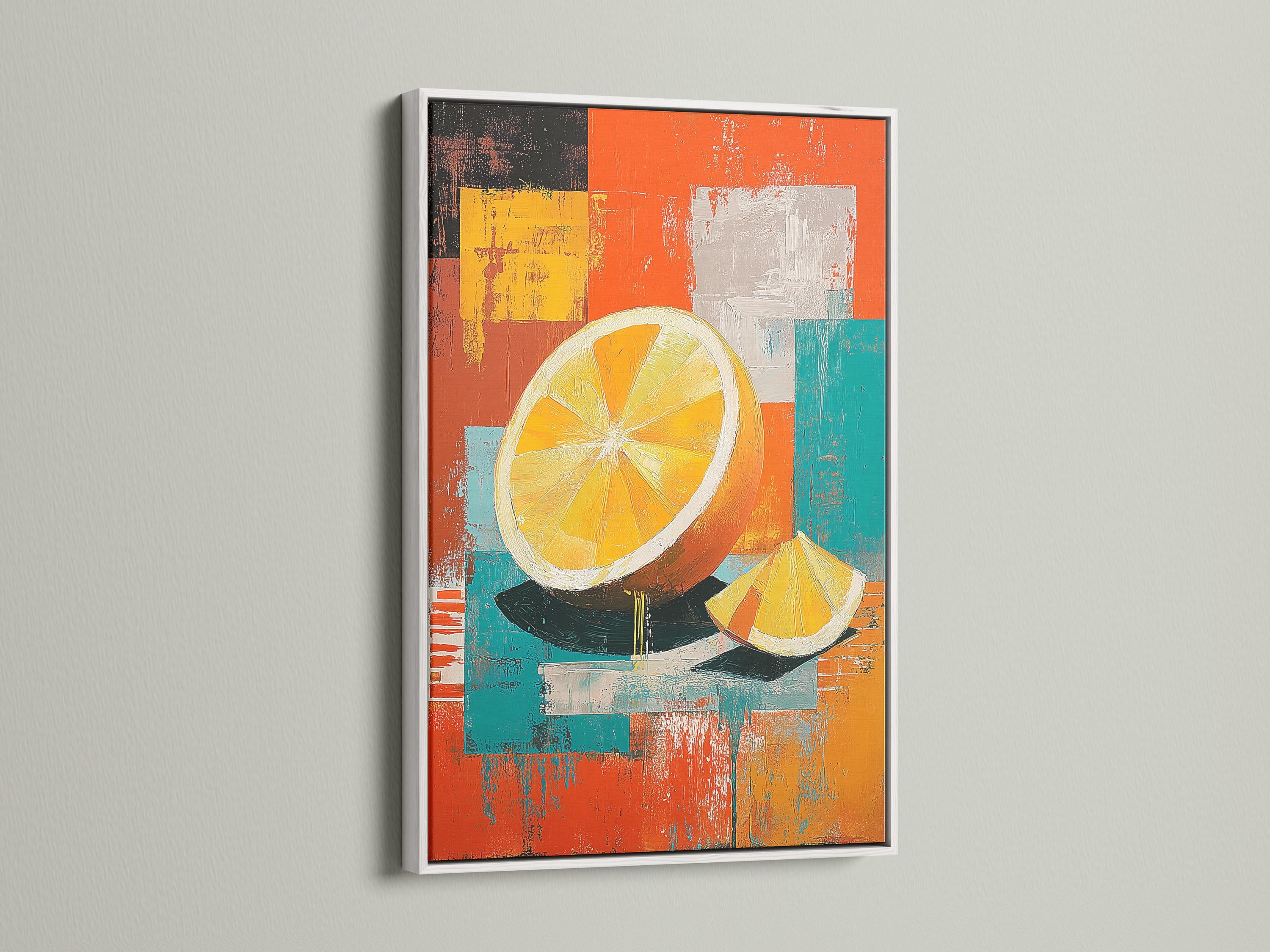 A bold orange-yellow citrus slice motif sits over layered patchwork blocks in orange, teal, yellow and charcoal, with painterly, distressed textures