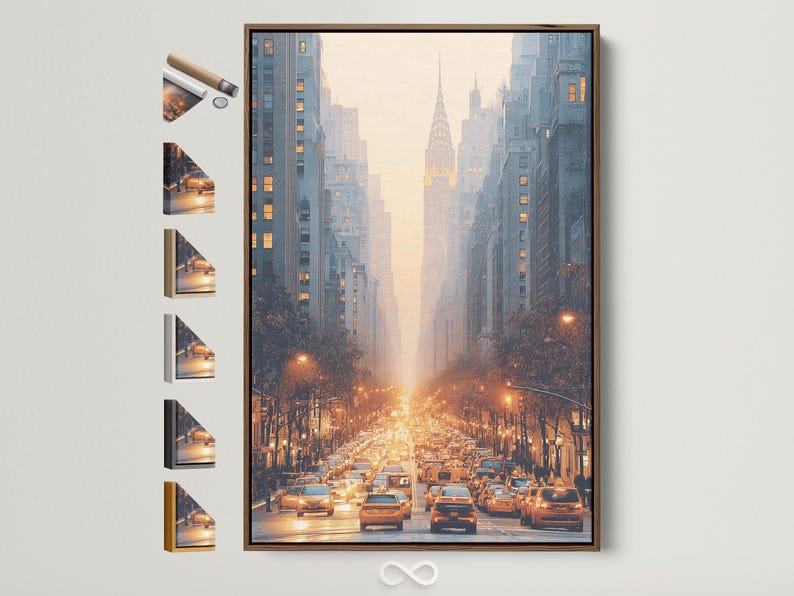 Golden hour city street with traffic, tall buildings and a tower silhouette in mist