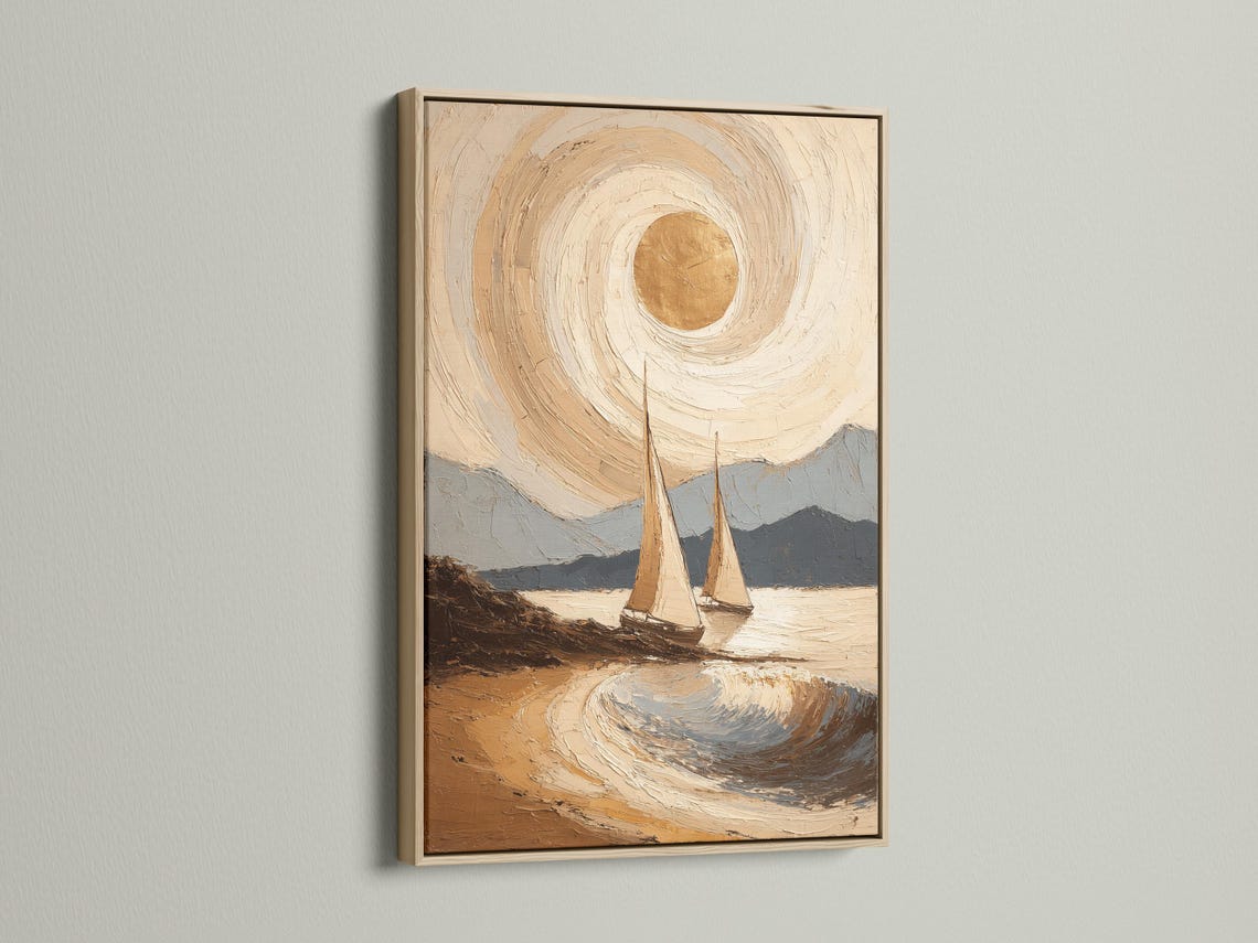 Painterly neutral seascape with a golden sun, swirling clouds, rippling waves and two sailboats detail view