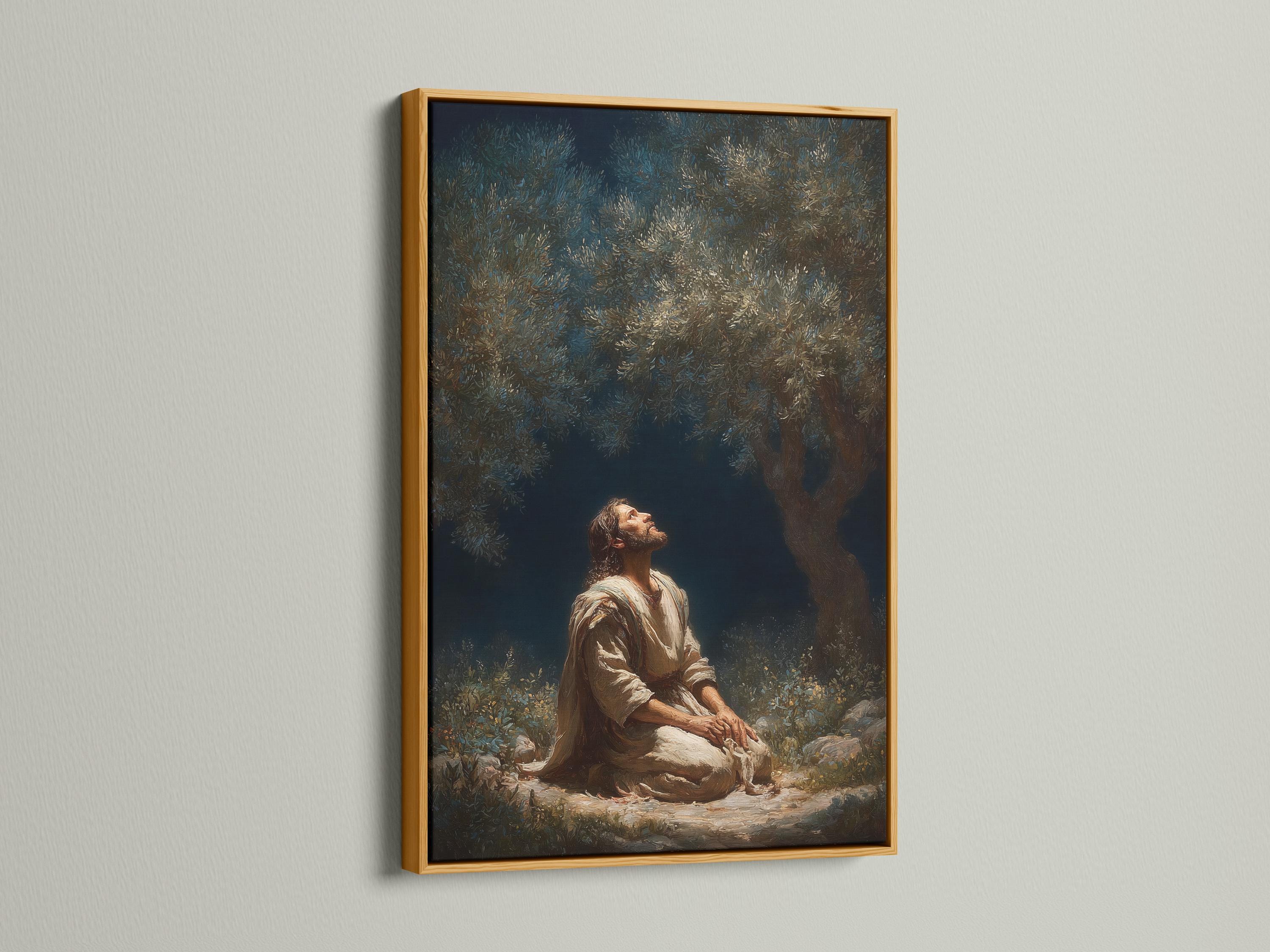 Praying figure beneath an olive-like tree with dense foliage and a deep navy background detail view