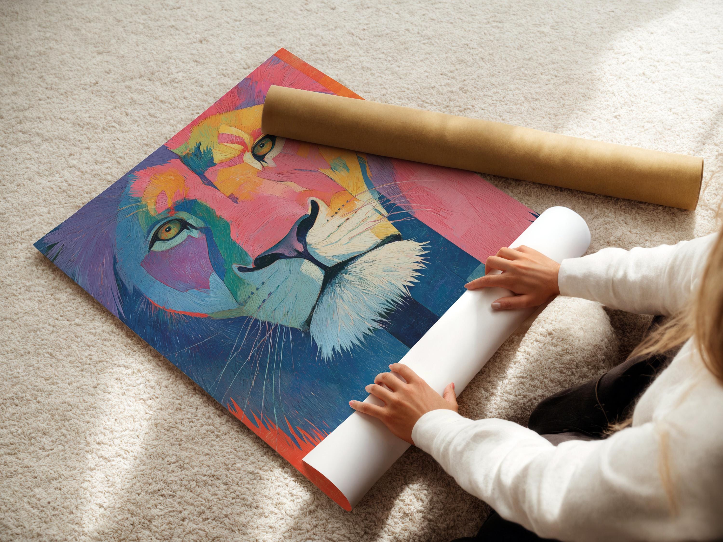 Lion wall art mockup with framed lion portrait in hot pink, blue and teal tones