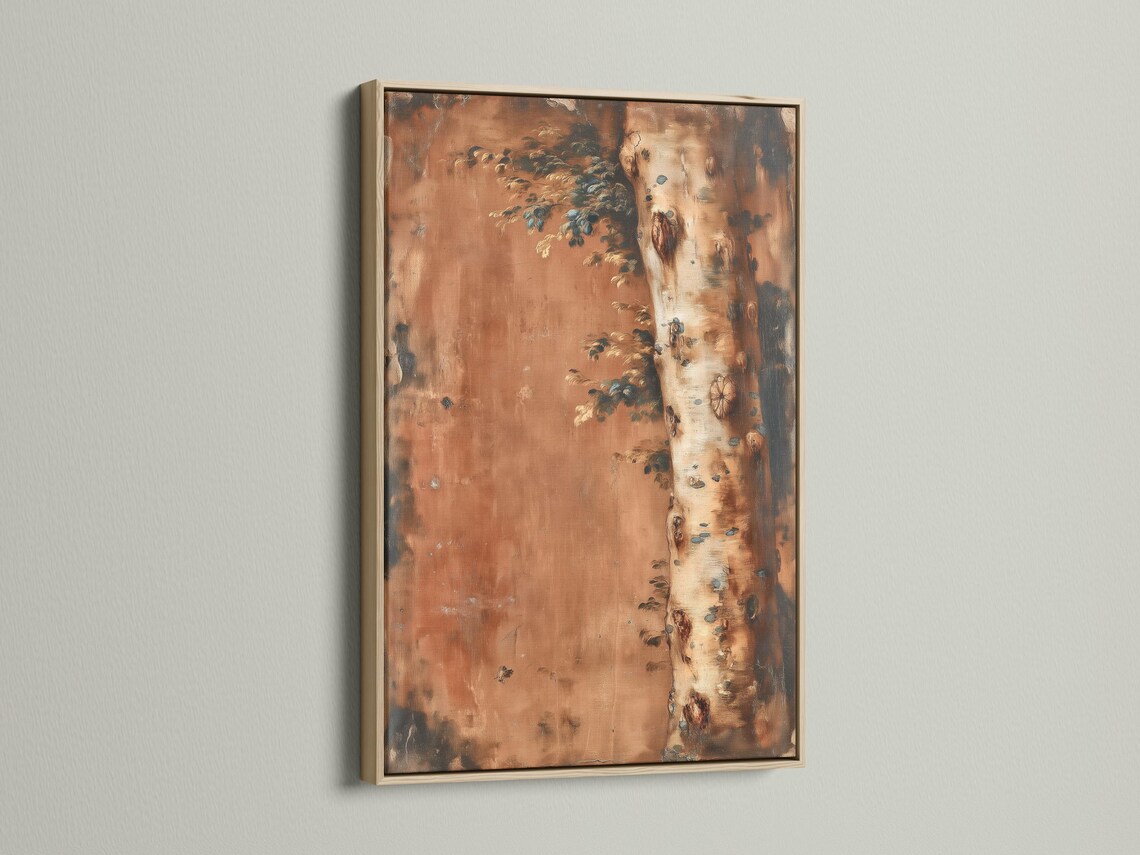 Textured tree landscape painting with a birch-like trunk on the right and leafy branches extending left detail view
