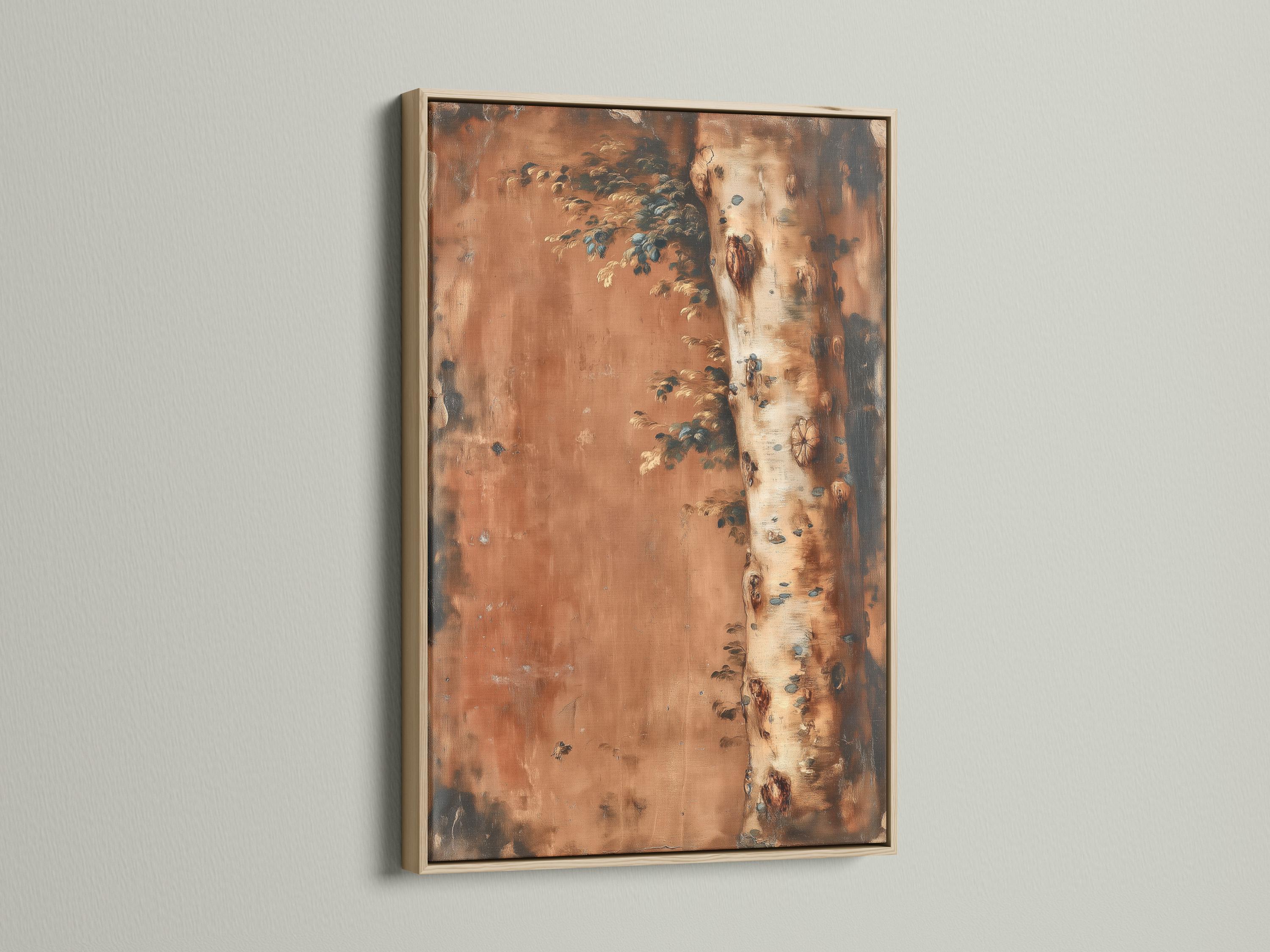 Textured tree landscape painting with a birch-like trunk on the right and leafy branches extending left detail view