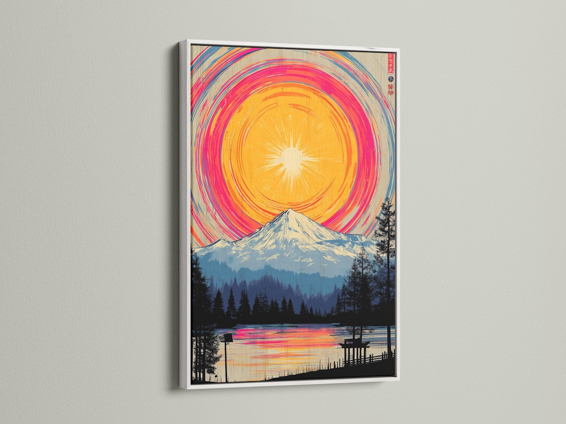 Stylised mountain landscape with a circular pink-orange sunrise and arc bands above forest silhouettes detail view