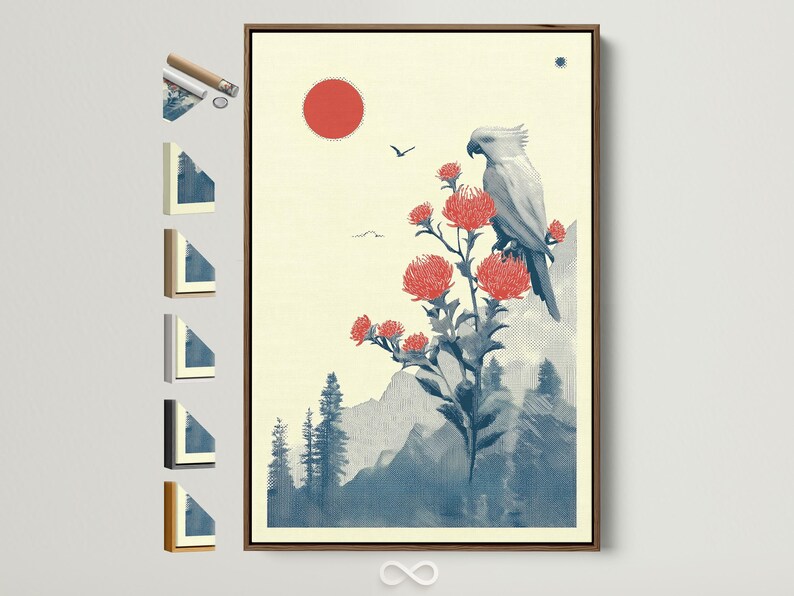 Blue bird perched on a flowering branch with red blossoms, red sun and blue landscape background