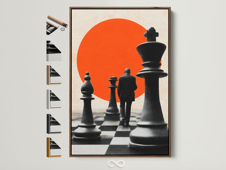 Black chess pieces on a checkered board with an orange circle background