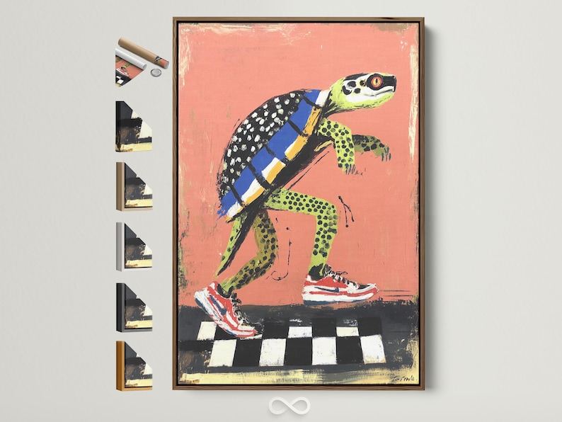 Cartoon turtle skateboarding on a black and white checkered ground against a coral background