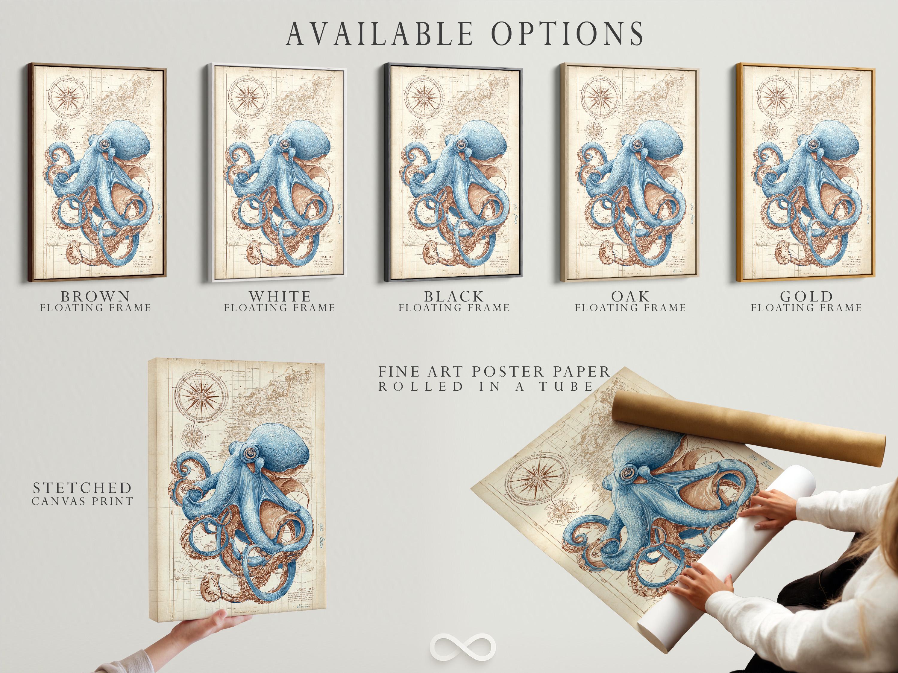 Blue octopus illustration over an antique beige nautical map with compass-like circles detail view
