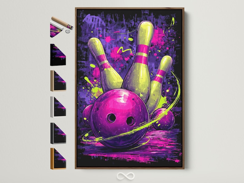 Neon purple and pink bowling pins and ball with yellow-green splatters