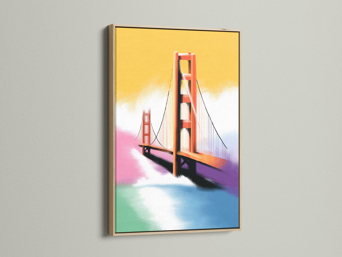 Bridge artwork in a framed display on a light background, with small colour swatches shown around it