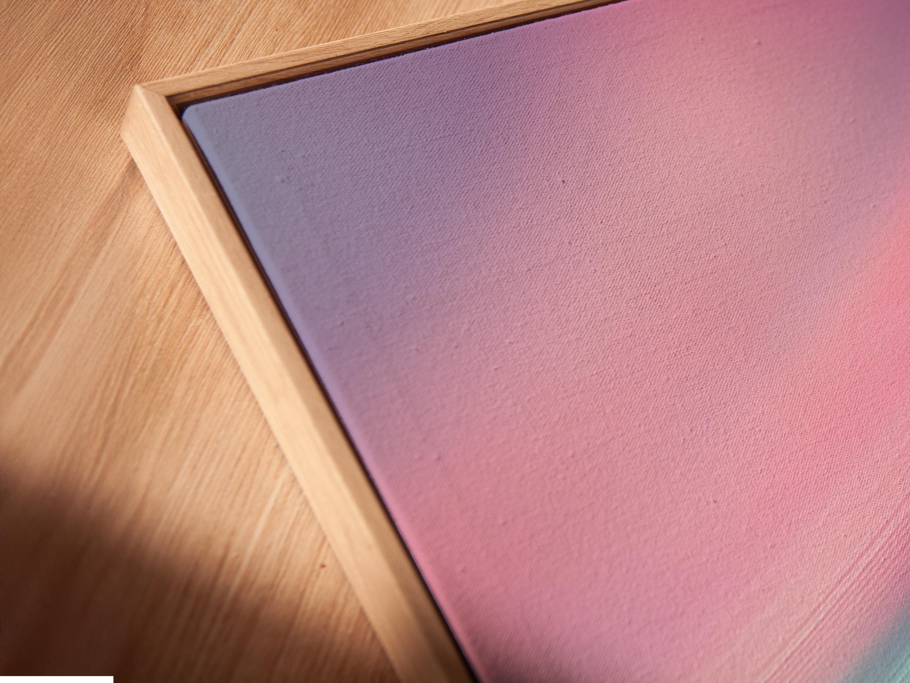 Abstract artwork with sweeping pink and teal curved gradients detail view
