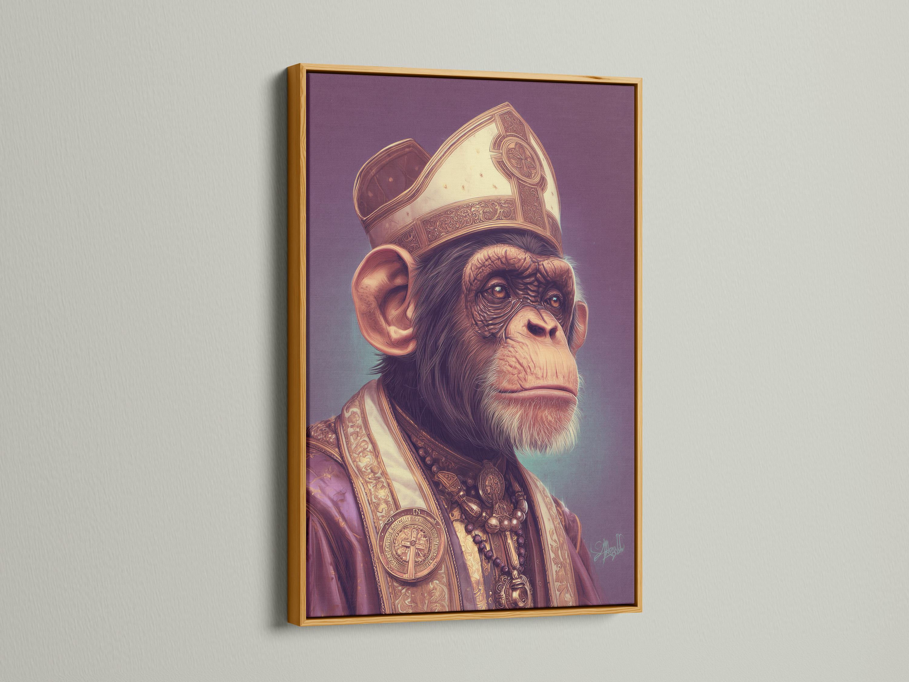 Portrait of a primate wearing an ornate mitre and robes with gold emblem details on a purple background detail view