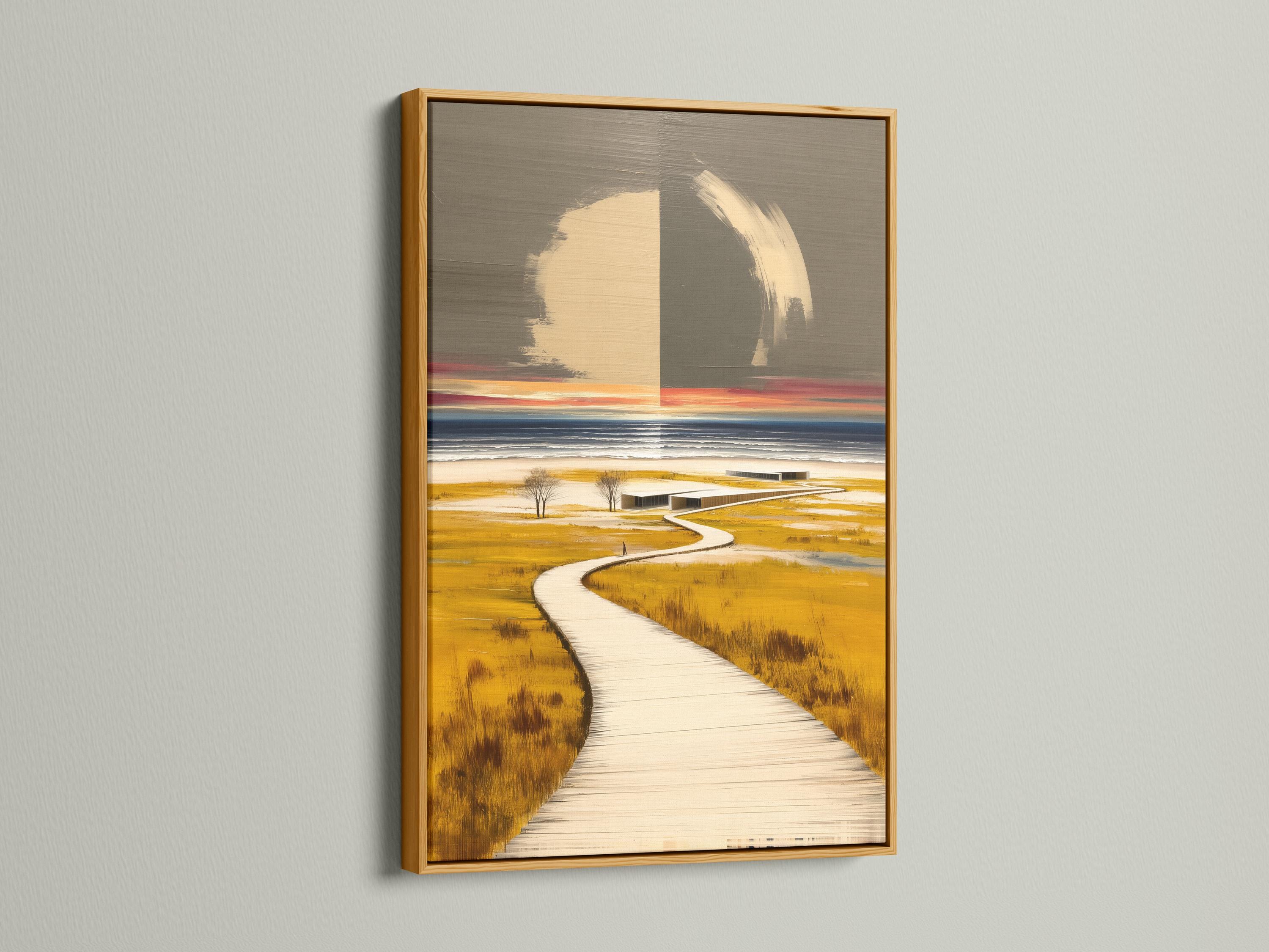 Minimalist coastal seascape showing a winding boardwalk path to the sea in beige and grey tones detail view