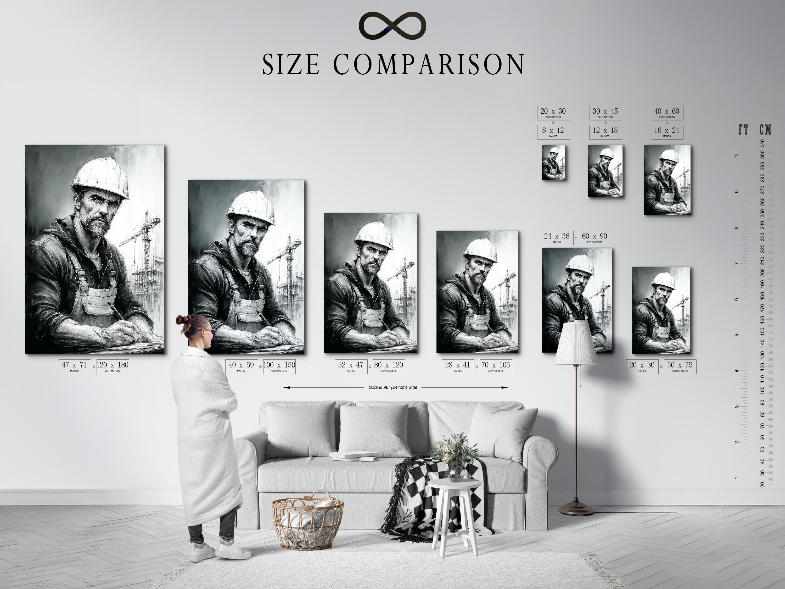 A wall mockup showing framed portrait options next to a monochrome construction worker artwork