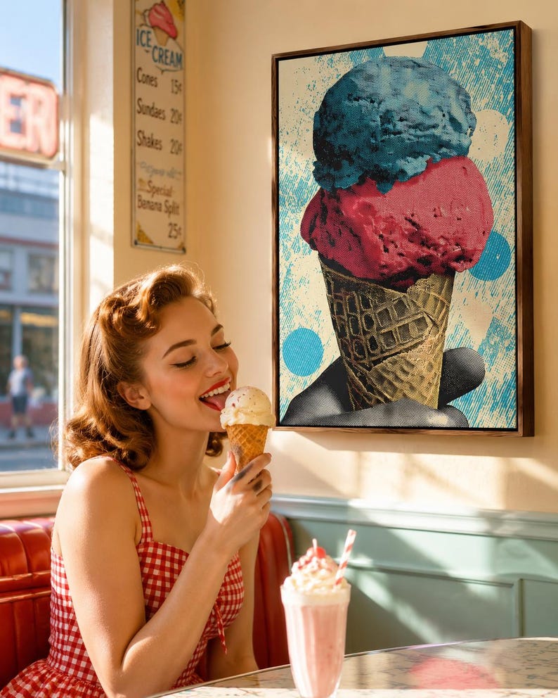 Pop-art ice cream cone illustration with turquoise and coral scoops and a patterned cone