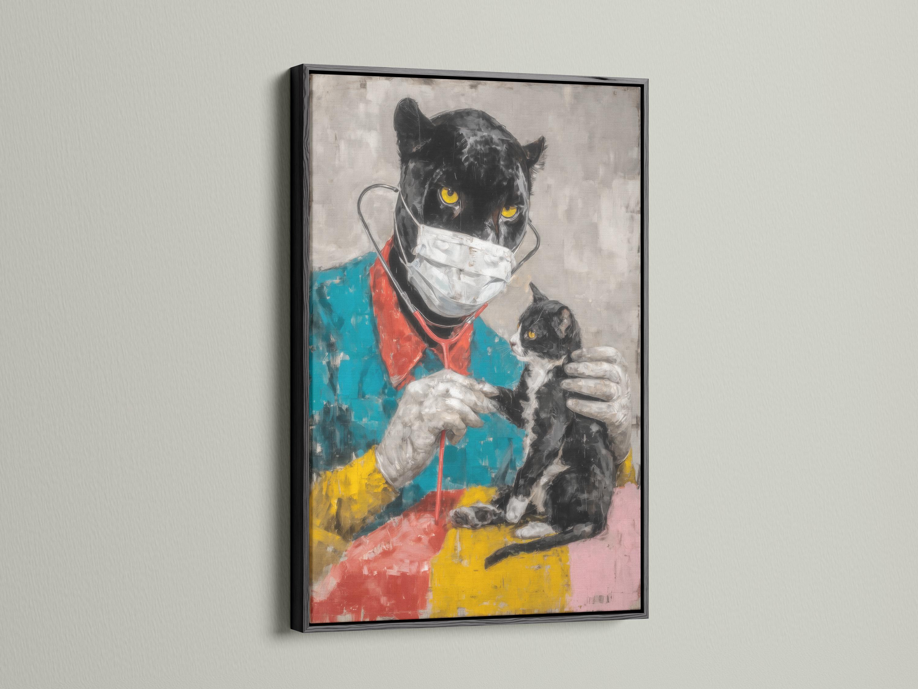 Painterly black cat doctor with a white mask and bright yellow eyes, with a smaller masked kitten beside it detail view