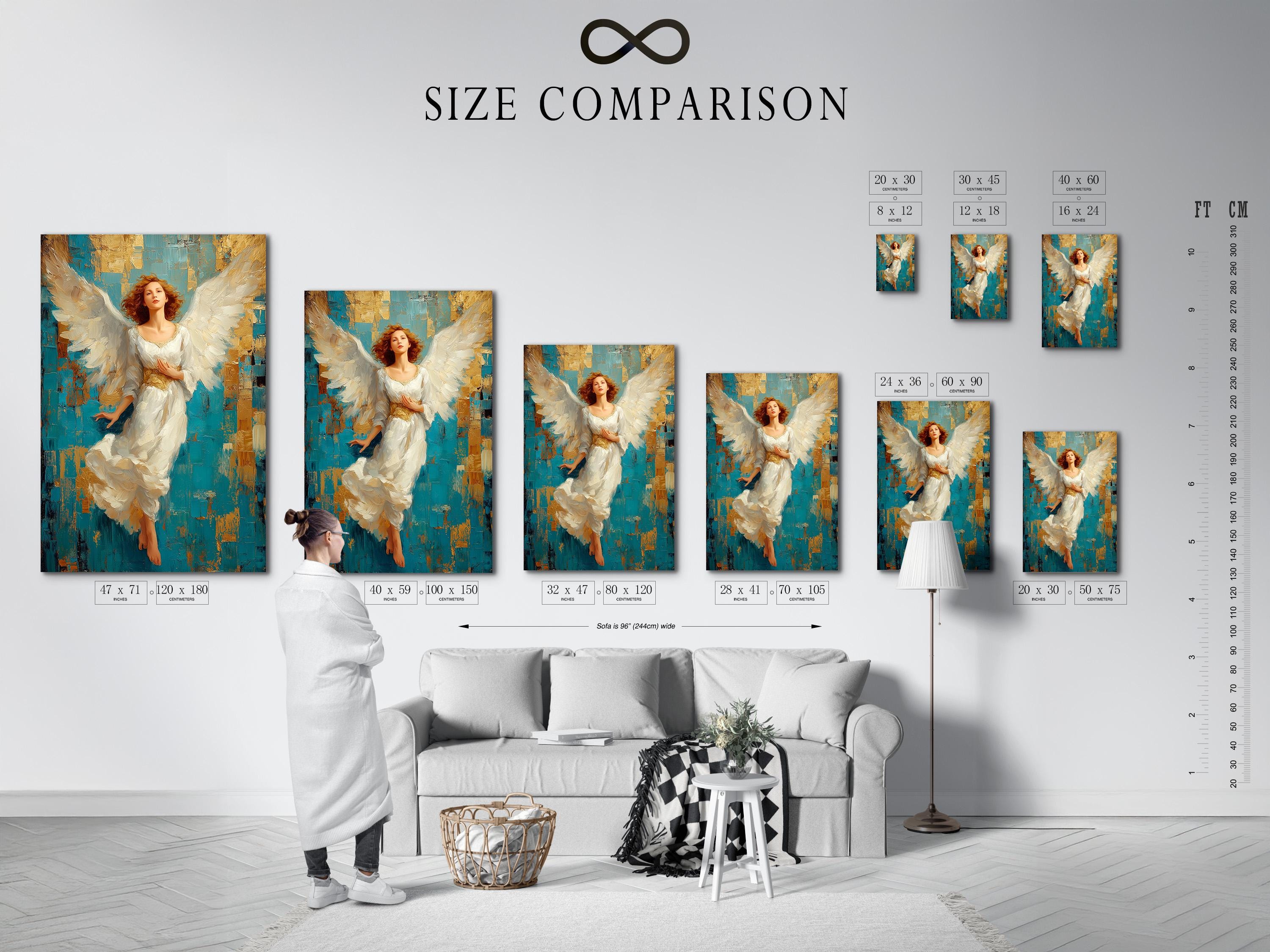Winged angel portrait with flowing white robes against a teal and gold textured background detail view