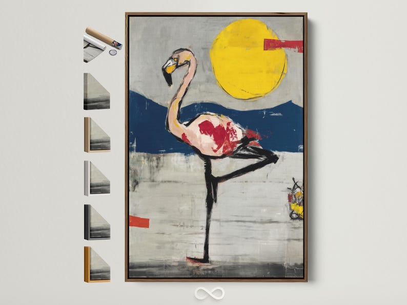 Stylised flamingo painting with a yellow sun and navy blue horizon, red accents, and painterly texture