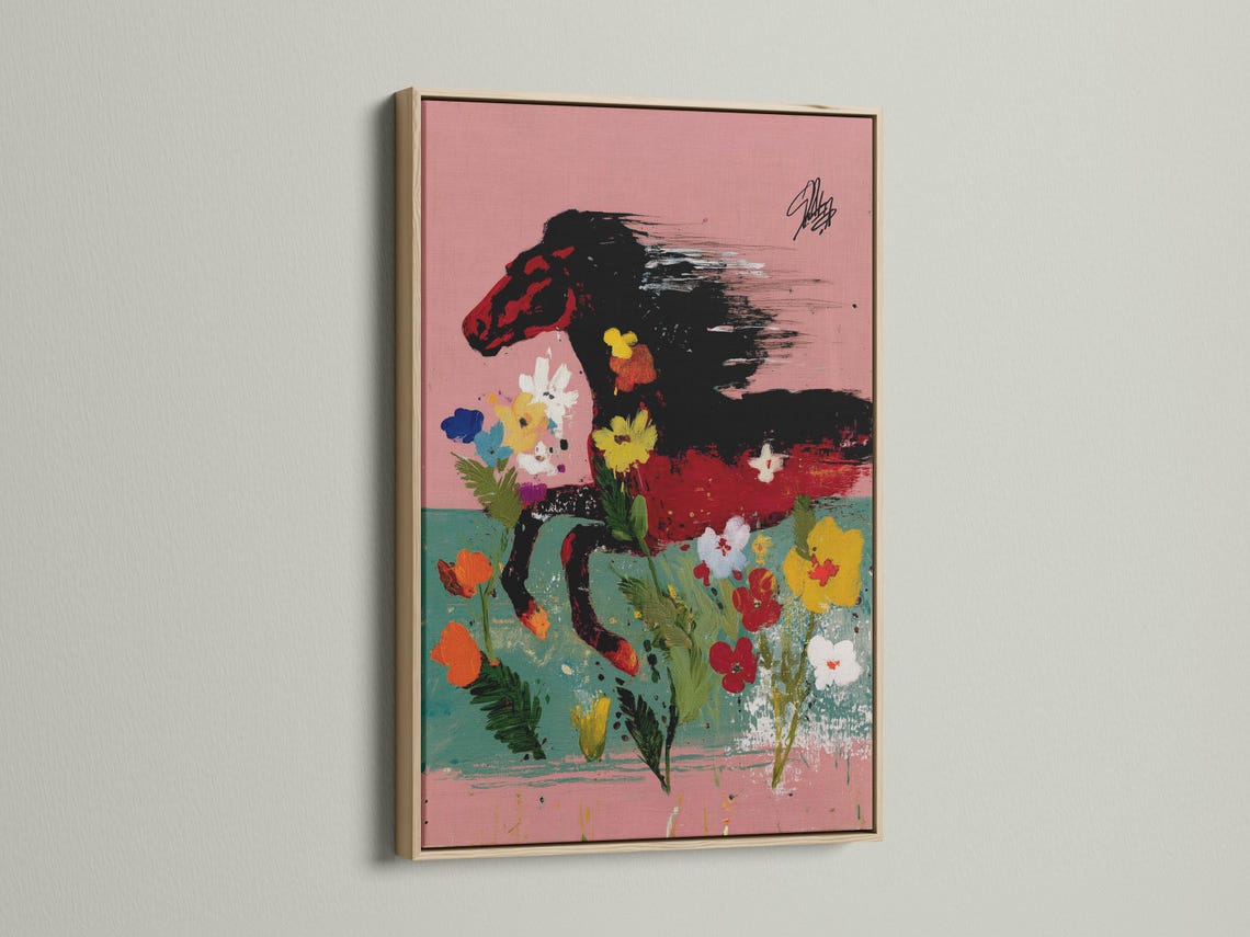 Abstract black horse profile with colourful flowers on a pink background detail view