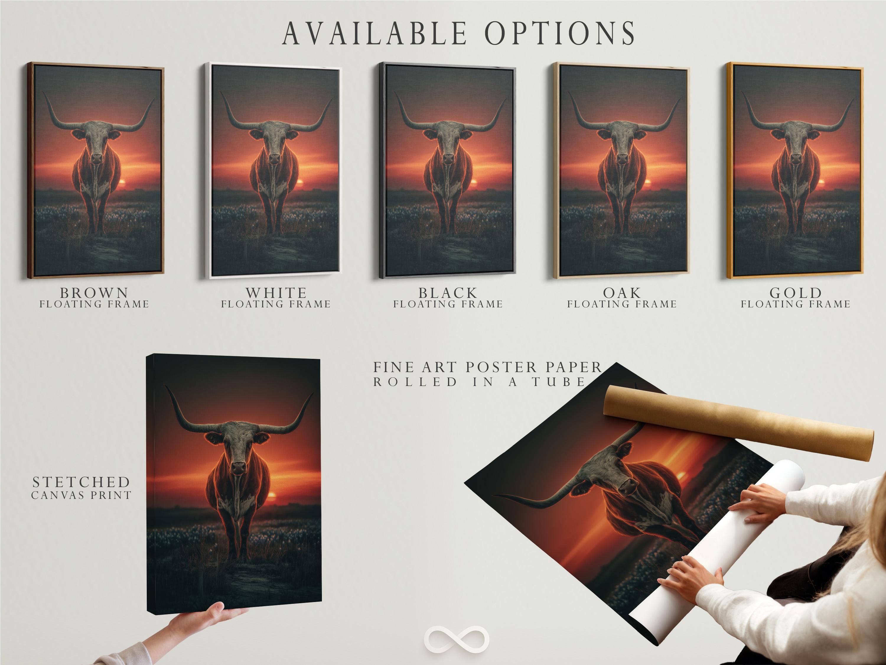 Room mockup showing a framed longhorn bull artwork with a sunset background