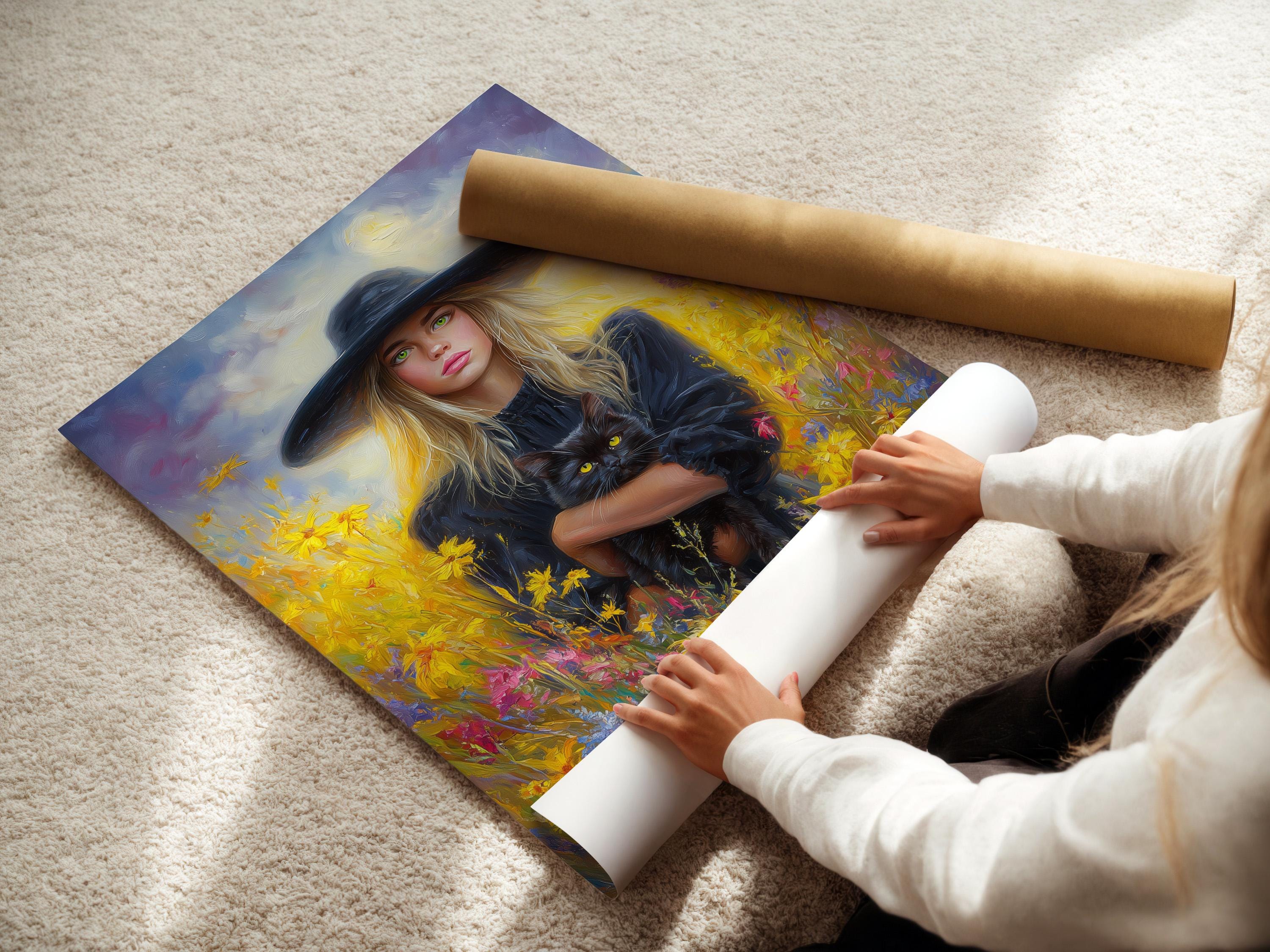 Blonde witch in a wide hat holding a black cat in a field of bright flowers detail view