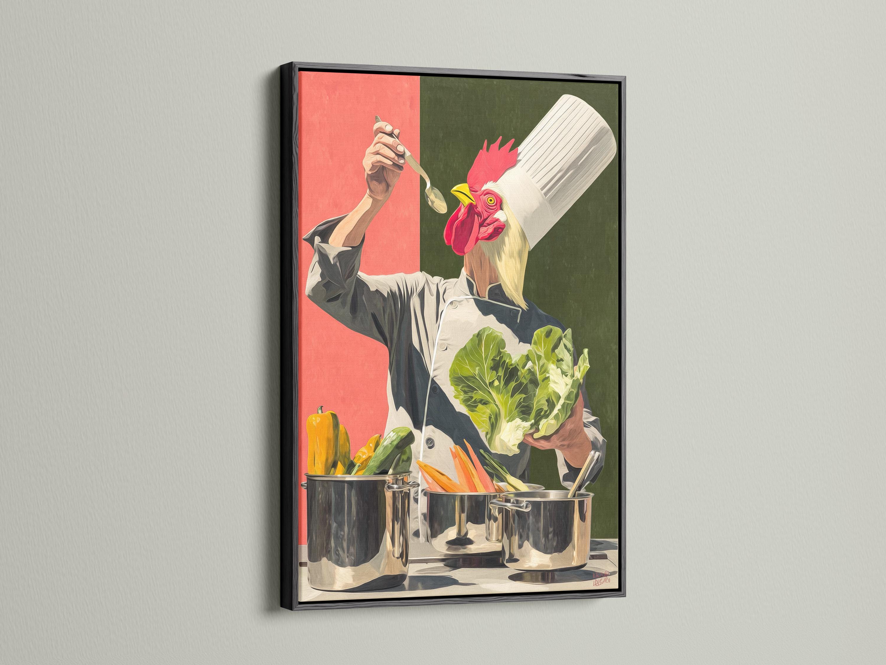 Stylised chef cooking scene with a bright red rooster perched above pots and vegetables detail view