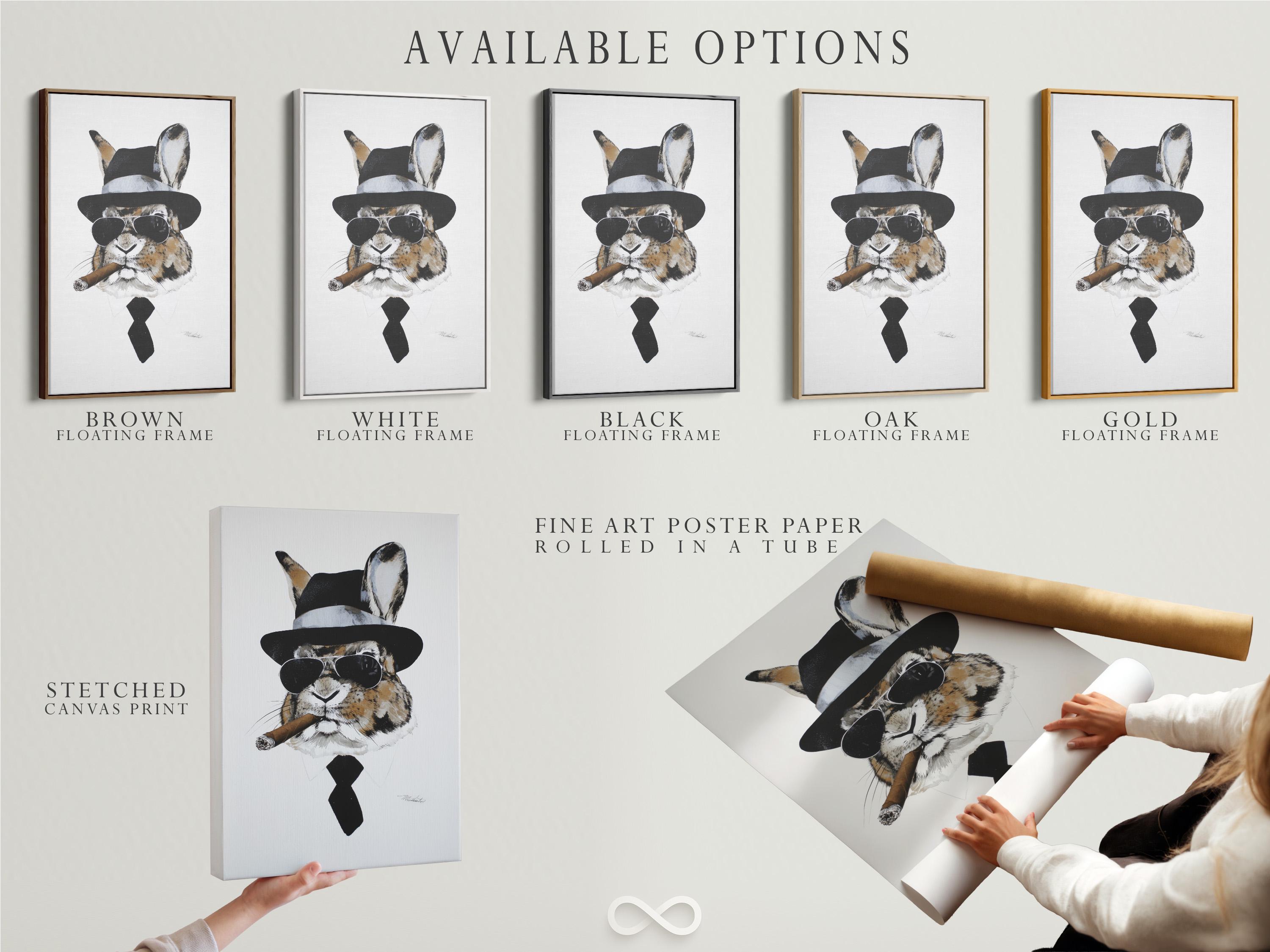 Illustrated rabbit wearing a black top hat, round sunglasses and bow tie on a light background detail view