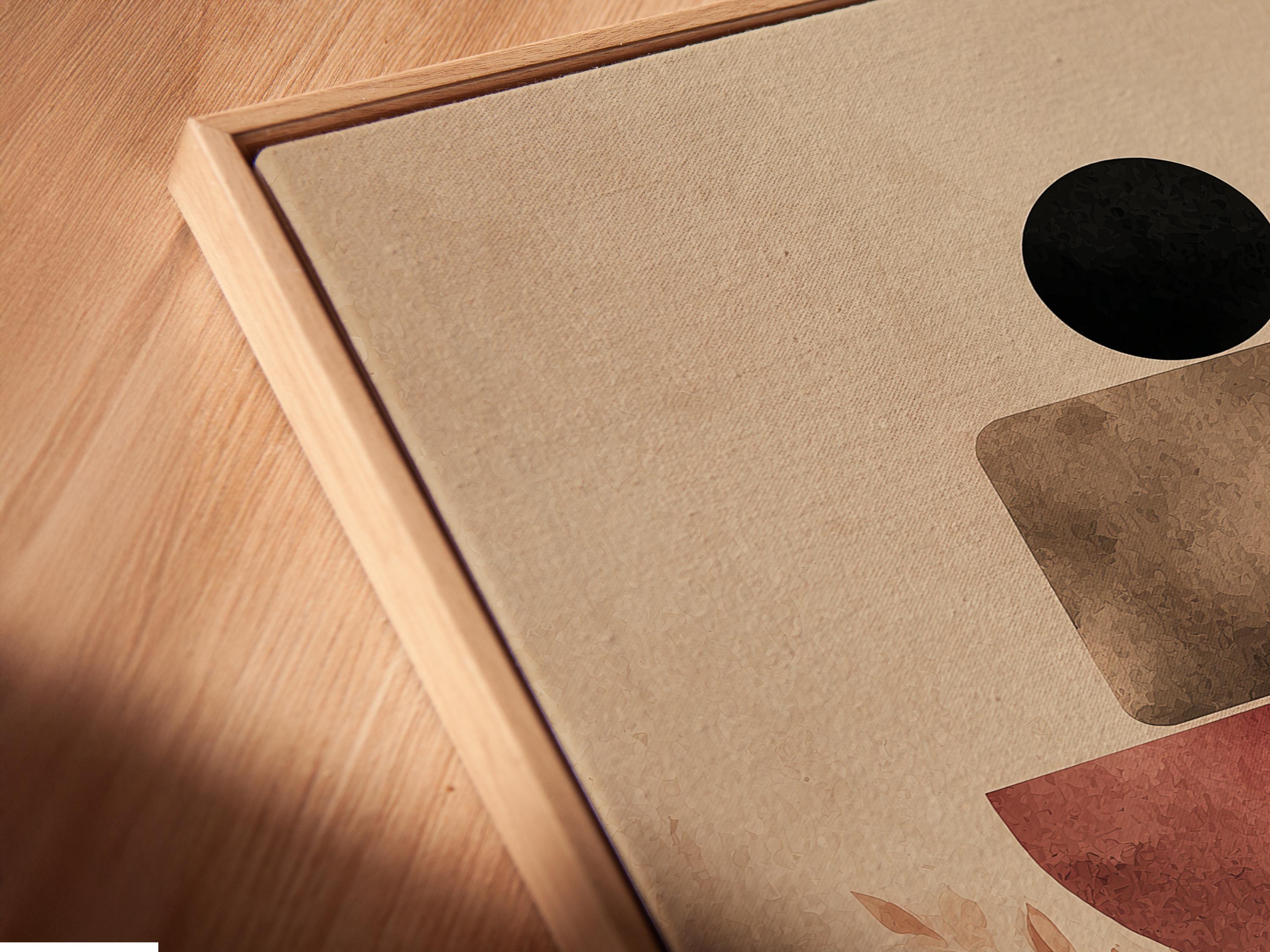 Geometric abstract artwork with stacked curved shapes in black and terracotta on a warm beige background and small leaf linework detail view