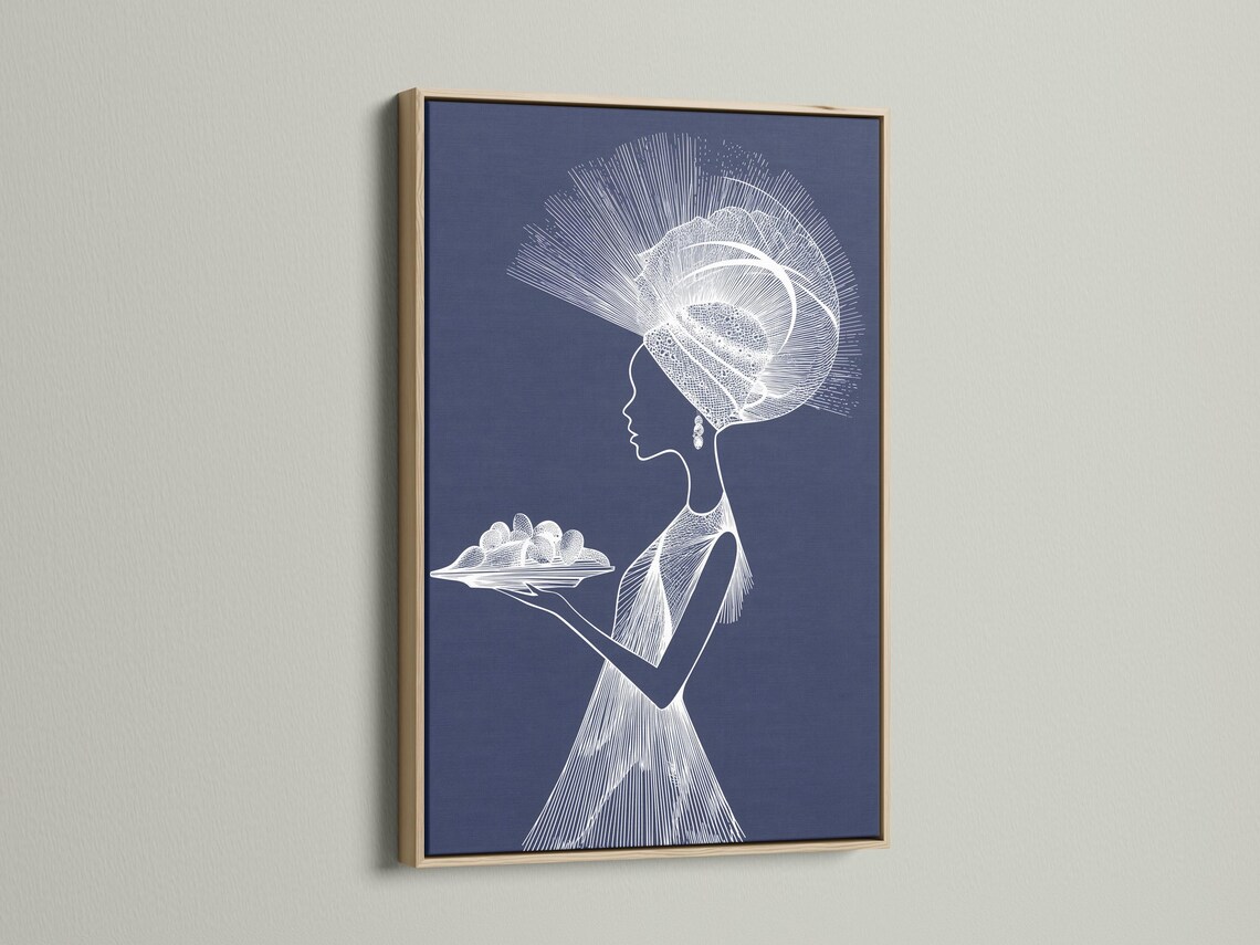 Minimalist white line portrait of a woman in profile on a navy blue background with radiating halo strokes detail view