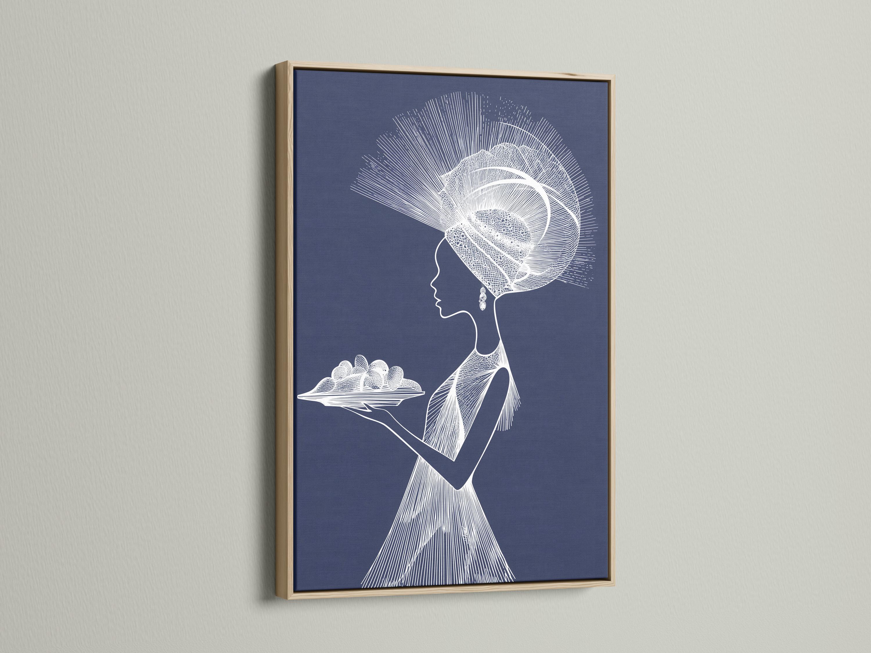 Minimalist white line portrait of a woman in profile on a navy blue background with radiating halo strokes detail view