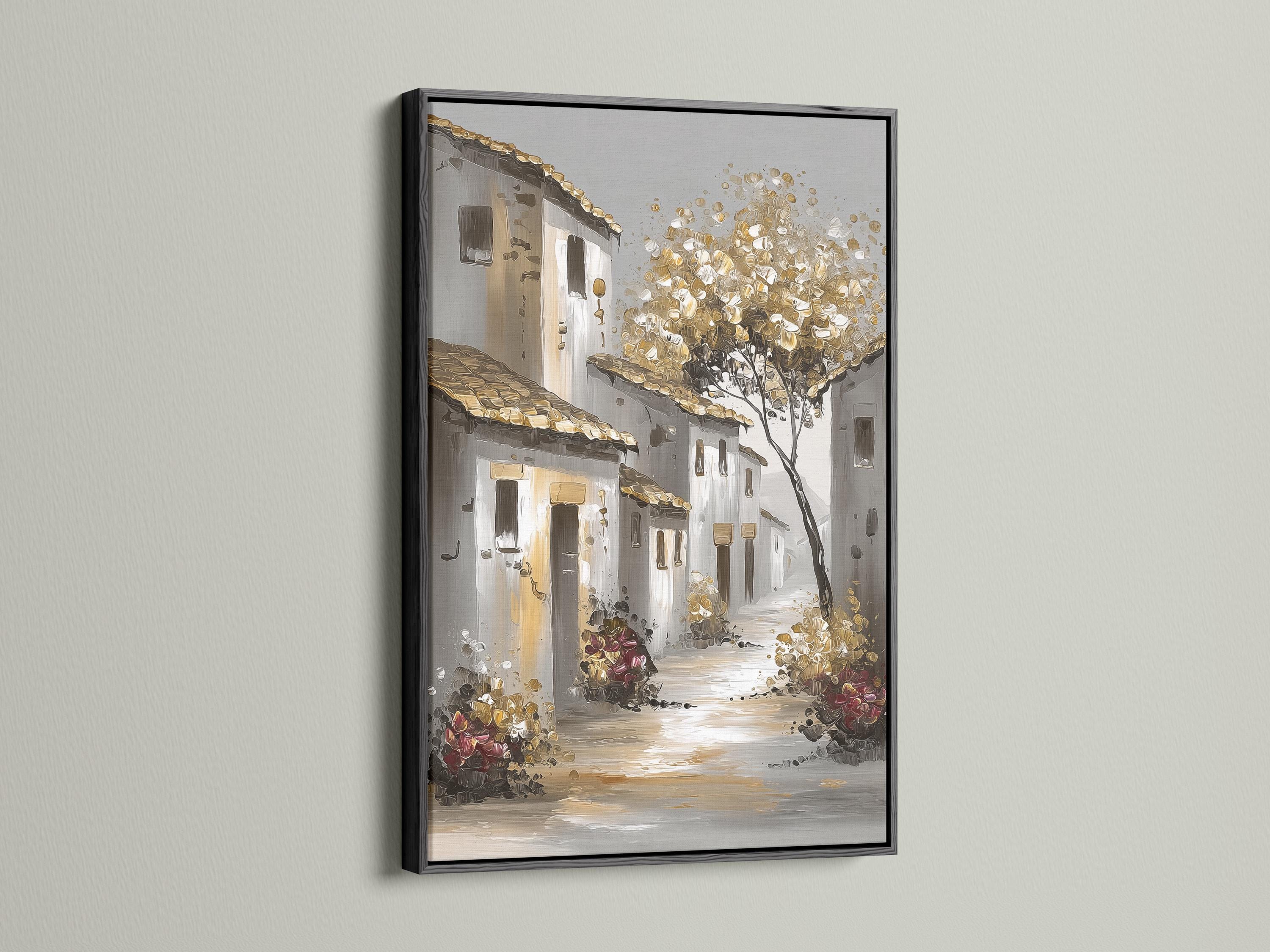Pale village street scene with gold blossom clusters, tree branches and traditional buildings detail view