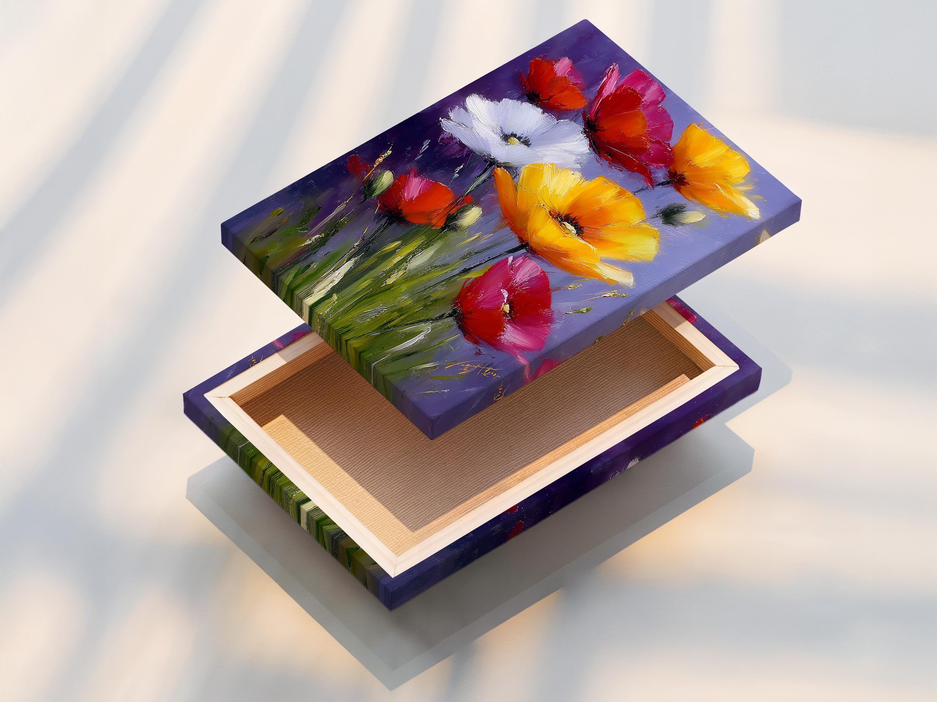 Floral artwork mockup showing a framed poppy bouquet on a light wall, with style variants on the left