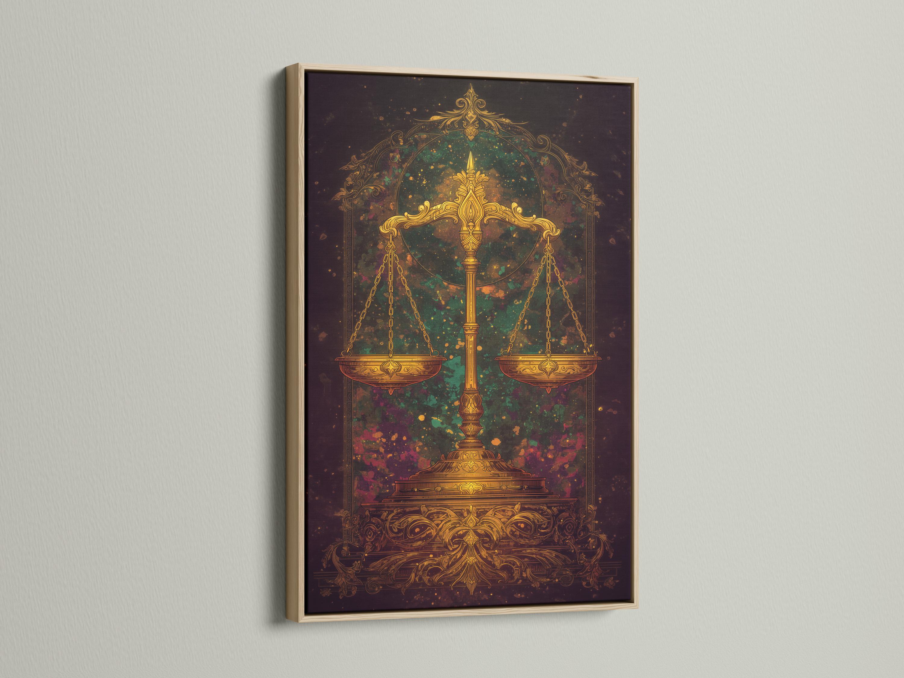 Mockup showing ornate golden balance scales artwork on a wall