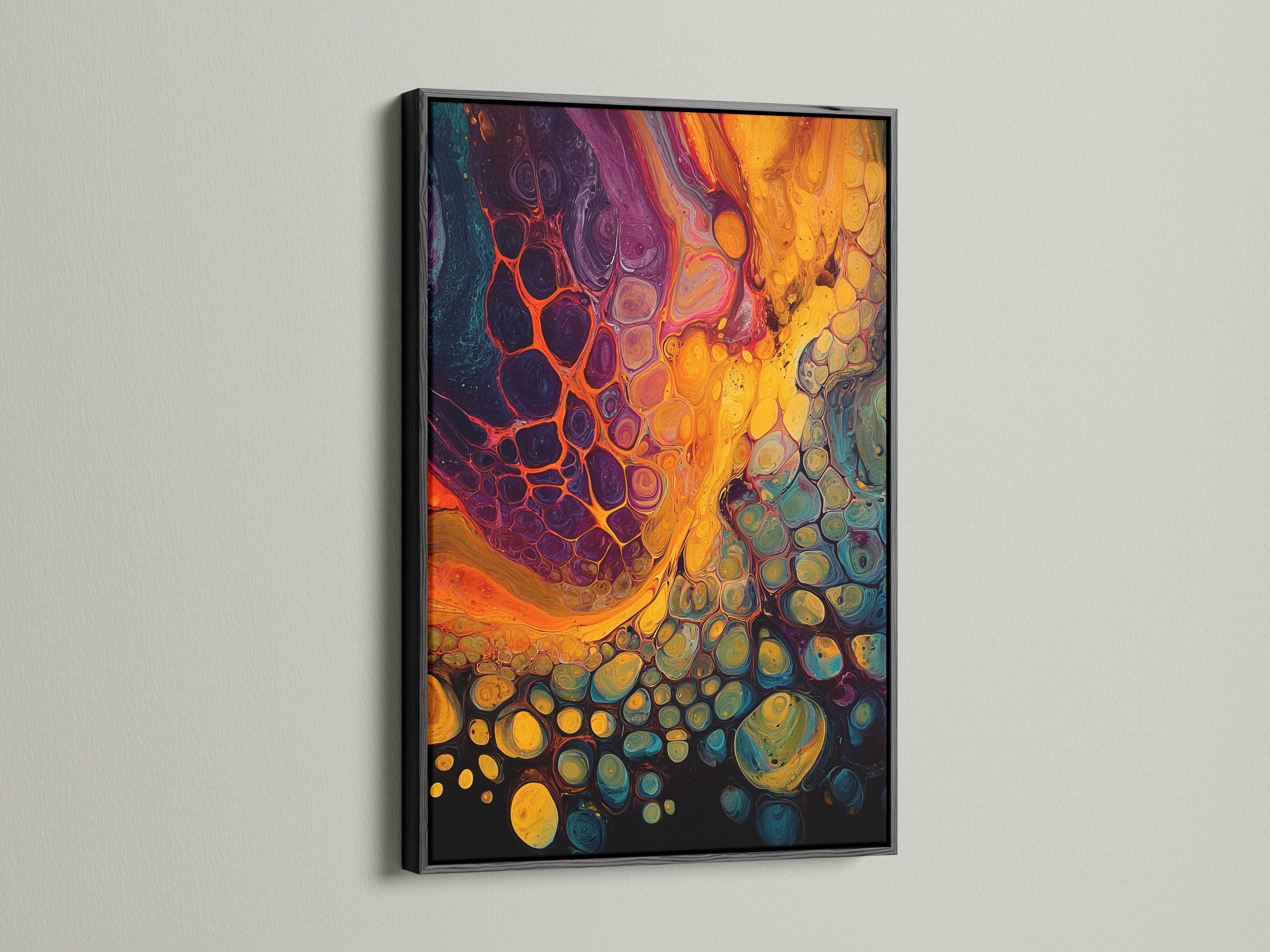 Abstract fluid artwork with gold, purple, teal and orange flowing bubble-like shapes detail view