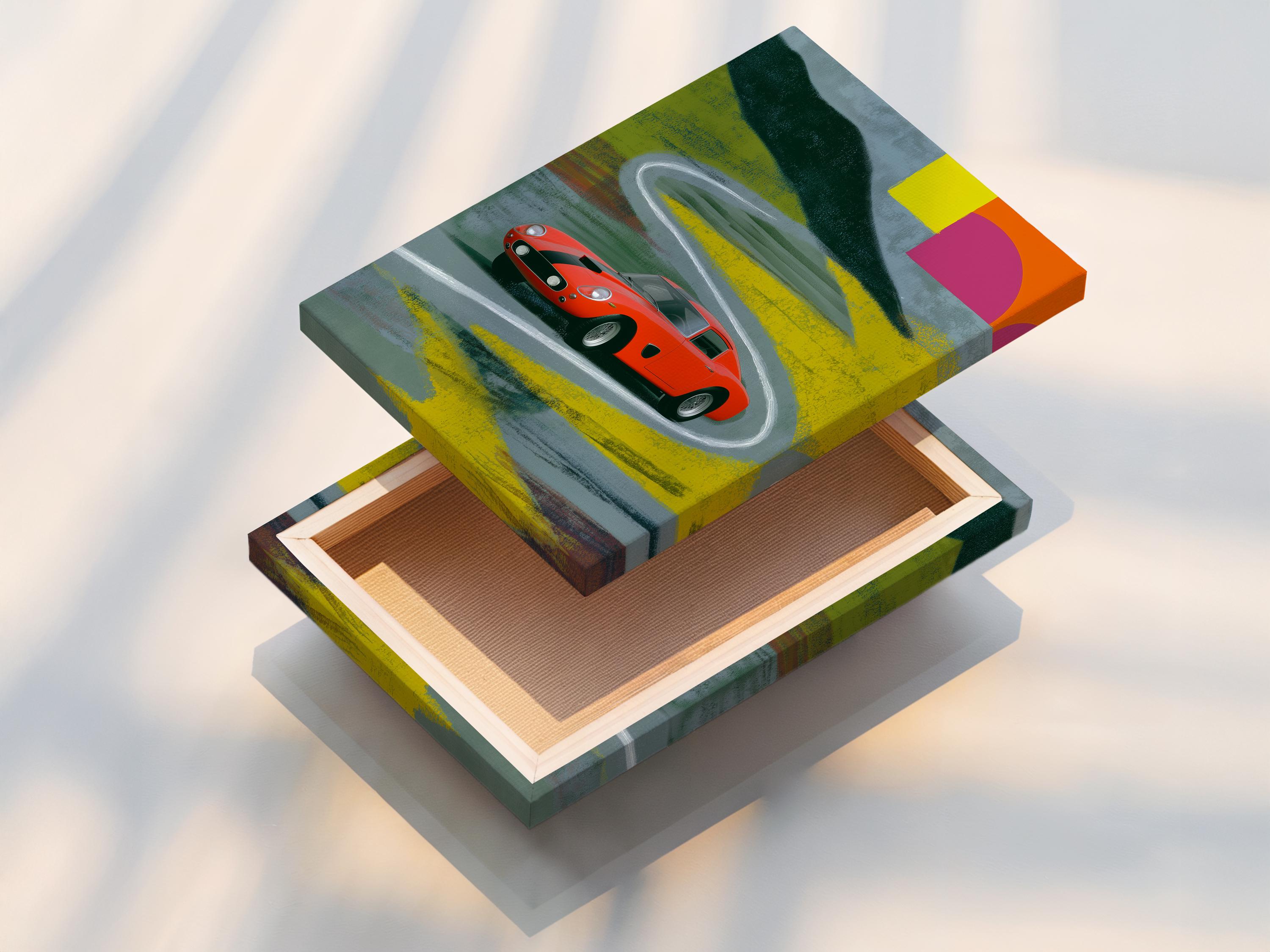 Red vintage race car on a curving track with geometric blocks in pink, yellow and green detail view