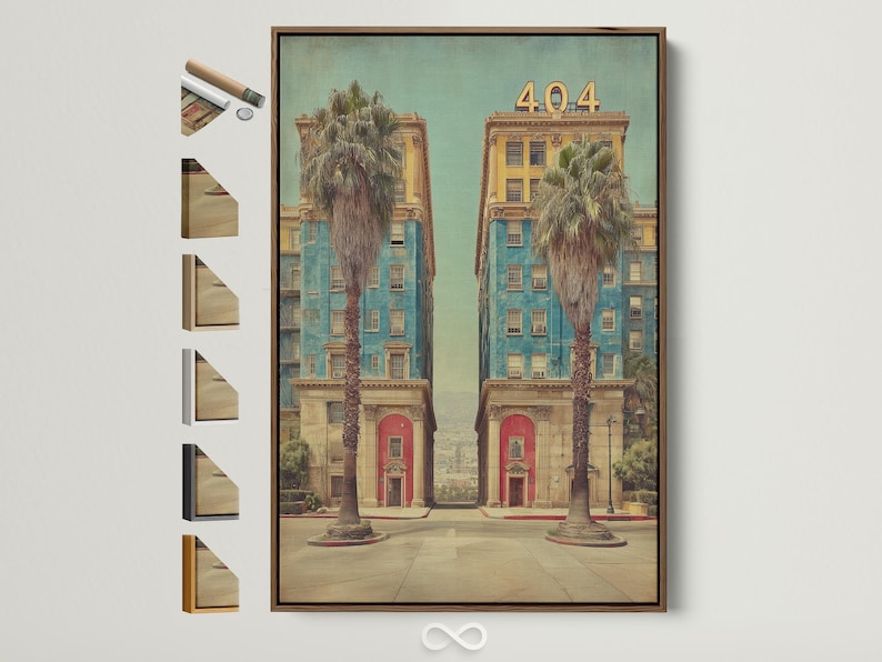 Retro hotel architecture scene with palm trees and large “404” numbers