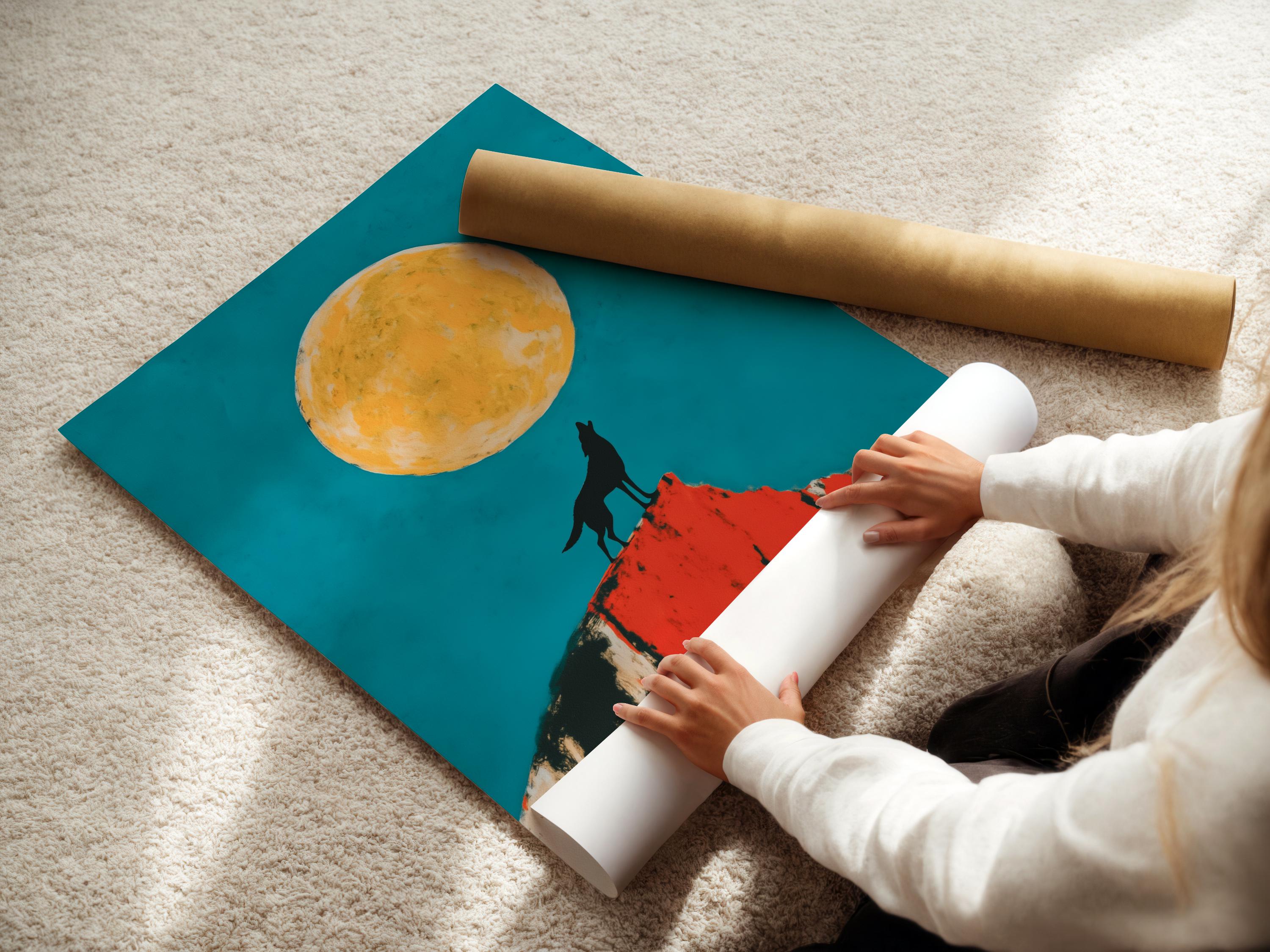 Mockup showing framed wolf moon artwork with a teal background, wolf silhouette and red cliff