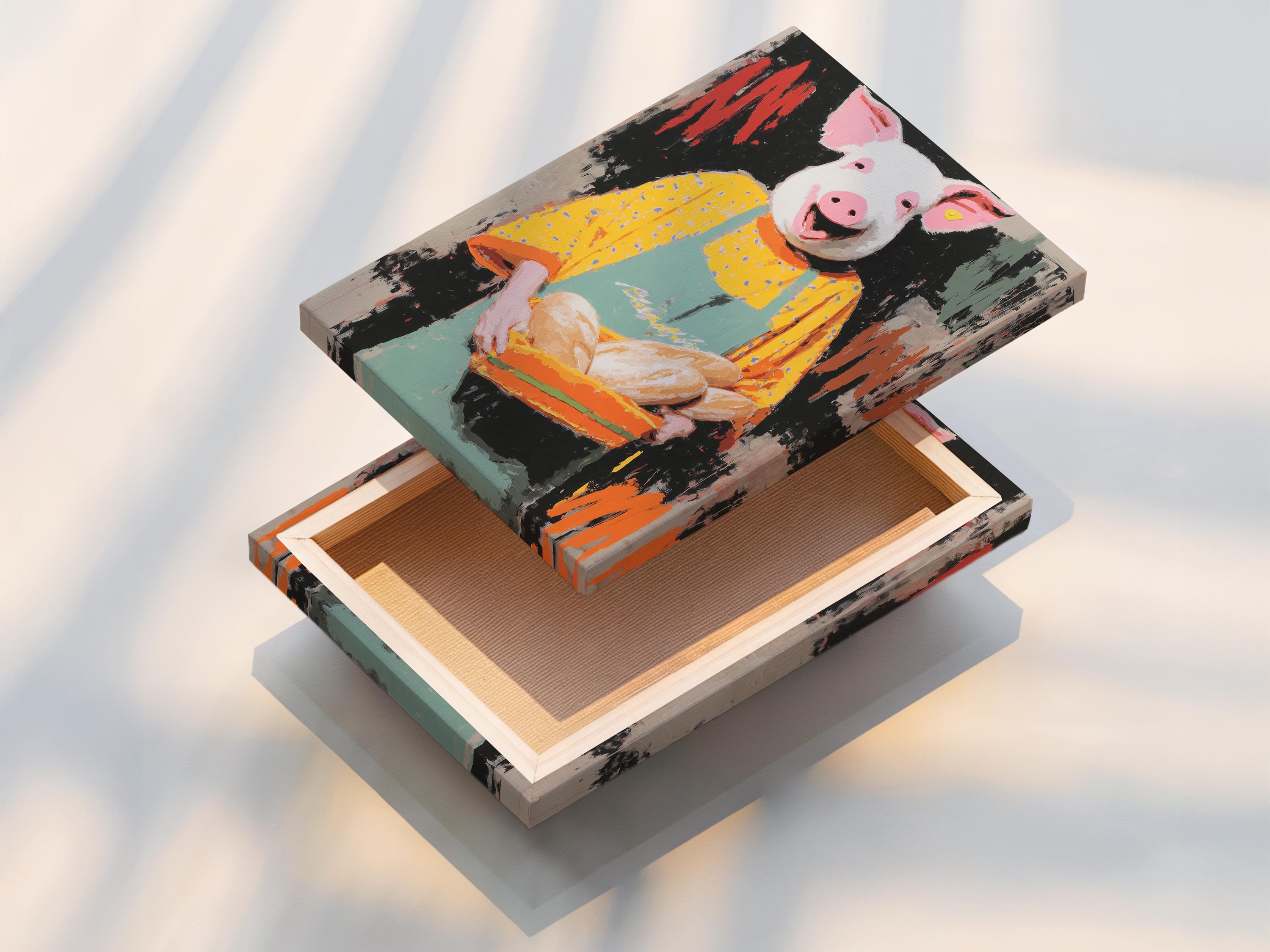 Stylised chef pig holding a tray of buns with a dark splattered background detail view