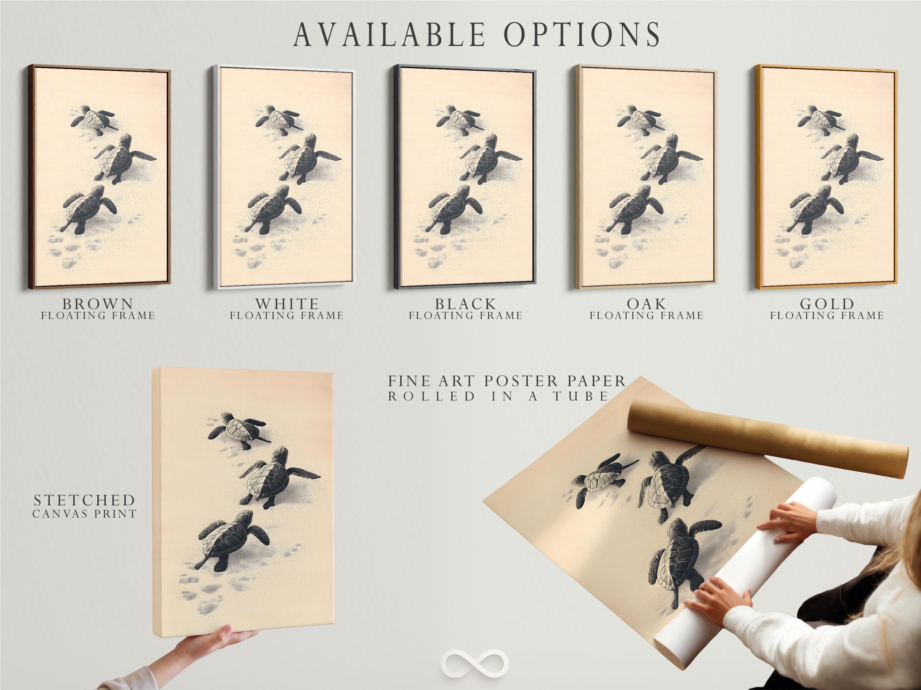Illustrated sea turtles in charcoal tones on a warm beige background with dotted sand texture detail view