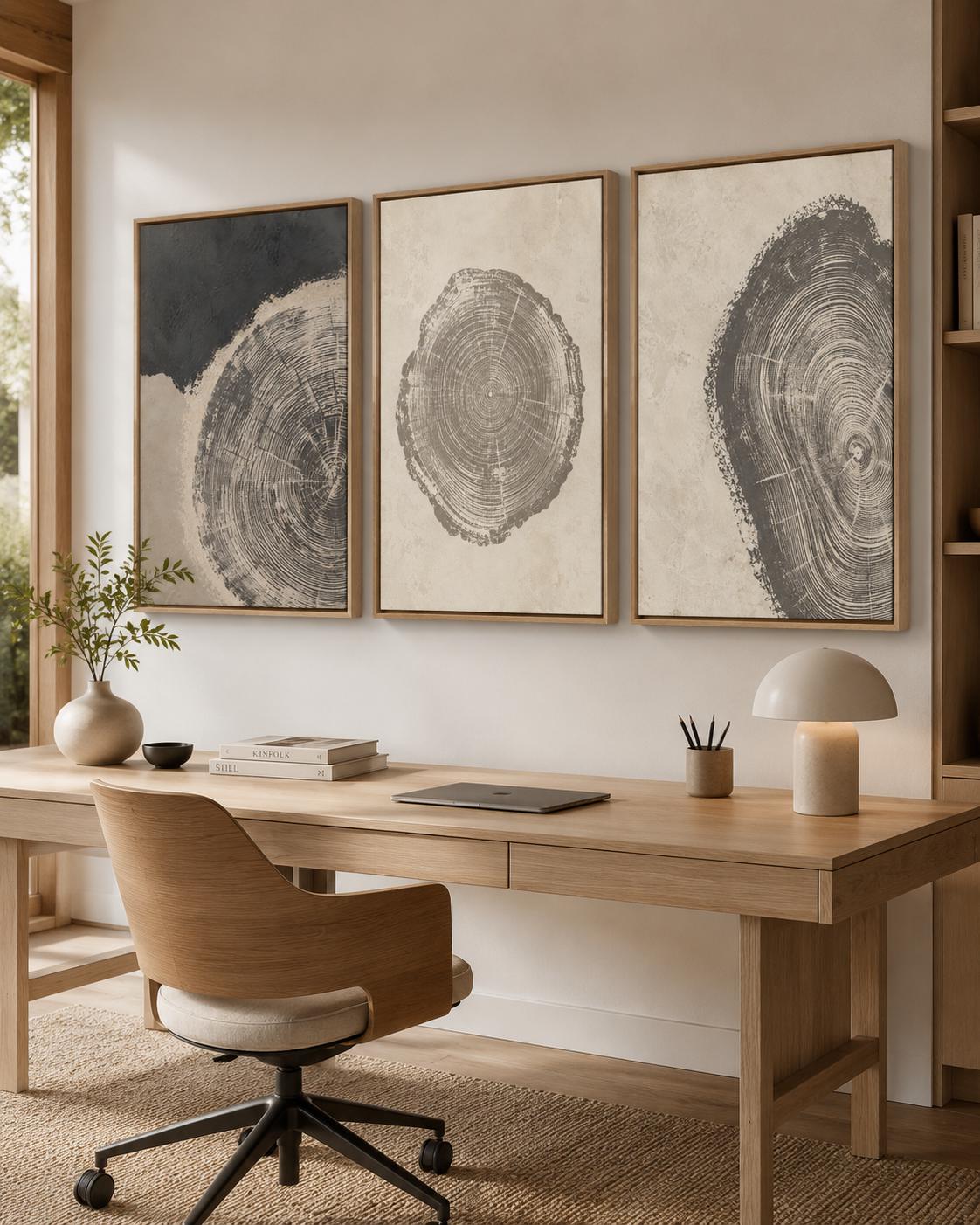 Three-panel abstract tree-ring circles in grey linework on neutral backgrounds detail view
