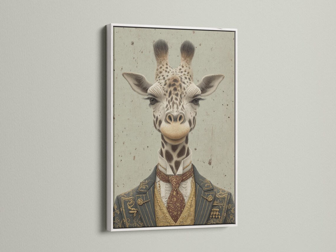 Vintage-style giraffe portrait wearing a formal suit, with antique gold and deep maroon details detail view