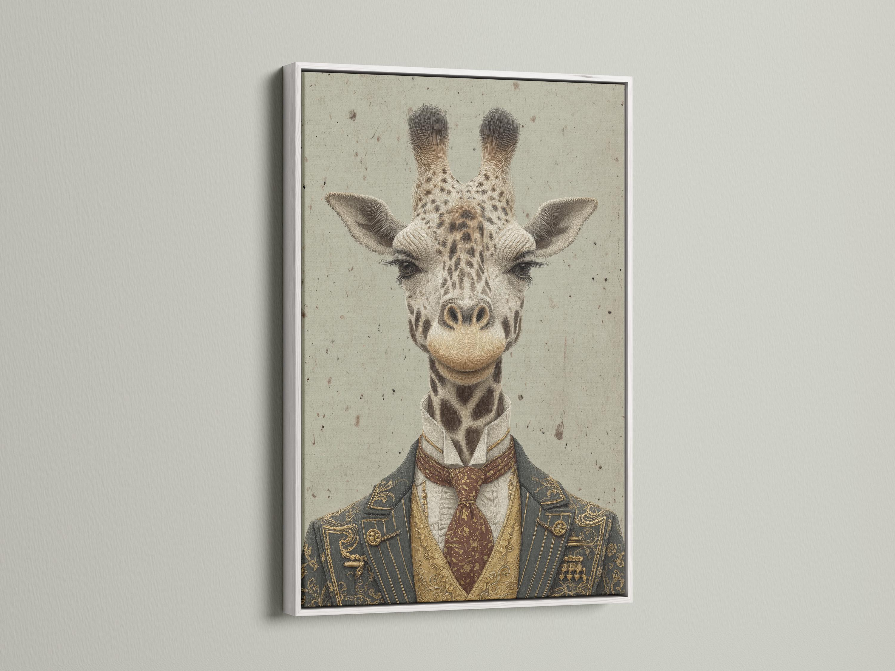 Vintage-style giraffe portrait wearing a formal suit, with antique gold and deep maroon details detail view