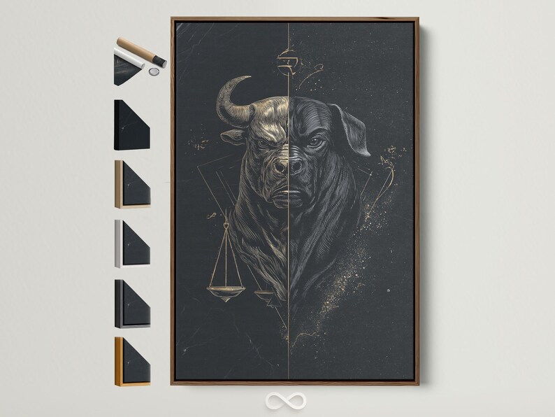 Split monochrome bull and dog portrait with gold scales of justice on a dark background