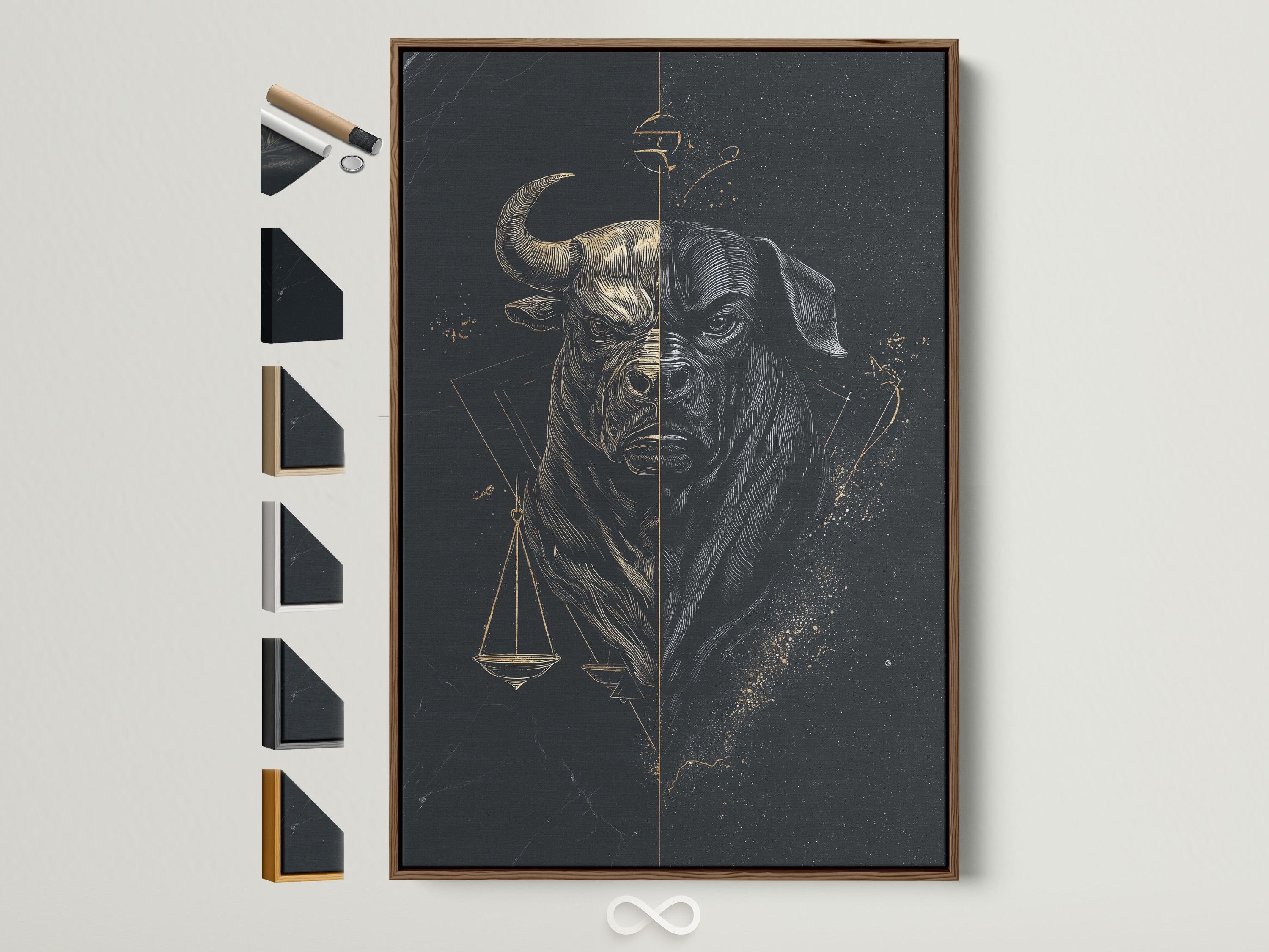Split monochrome bull and dog portrait with gold scales of justice on a dark background